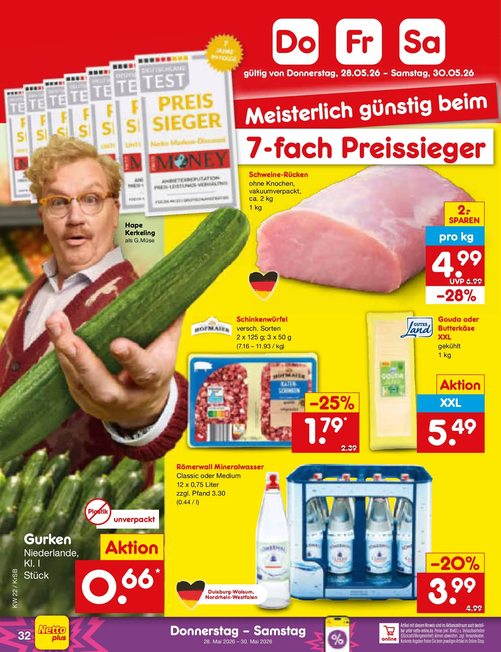 Netto Marken-Discount Prospekt Jüchen (ab 26.05.2026) » Angebote | Seite: 40 | Produkte: Gouda, Mineralwasser, Schweinerucken, Gurken