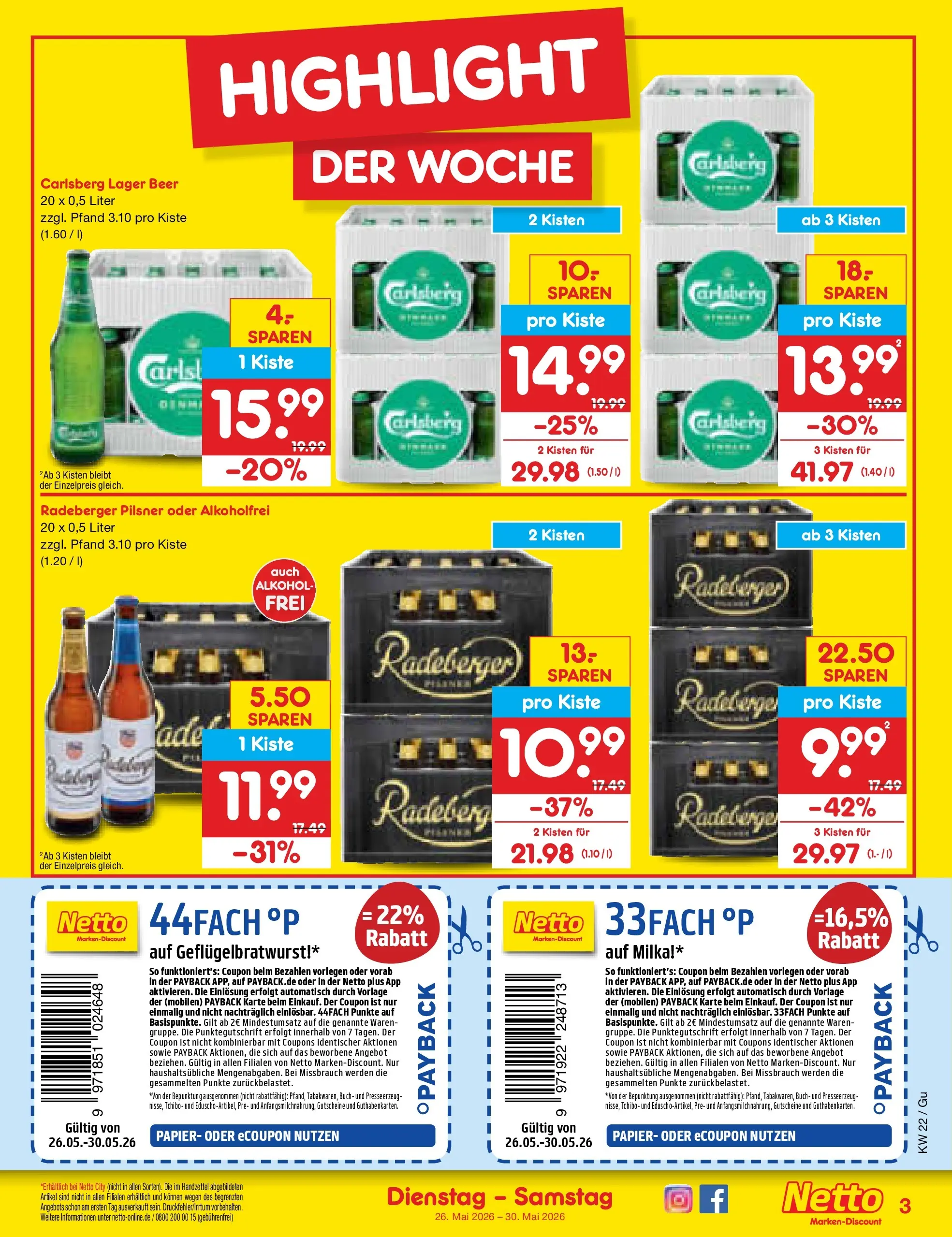 Netto Marken-Discount Prospekt Machern (ab 26.05.2026) » Angebote | Seite: 3 | Produkte: Carlsberg, Milka, Radeberger pilsner