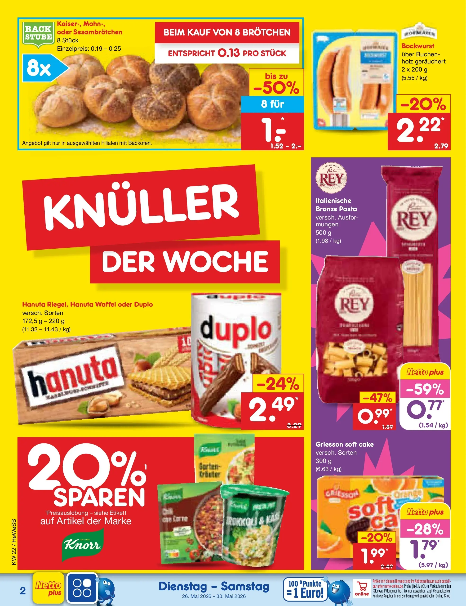 Netto Marken-Discount Prospekt Hamburg (ab 26.05.2026) » Angebote | Seite: 2 | Produkte: Bockwurst, Knorr, Brokkoli, Pasta