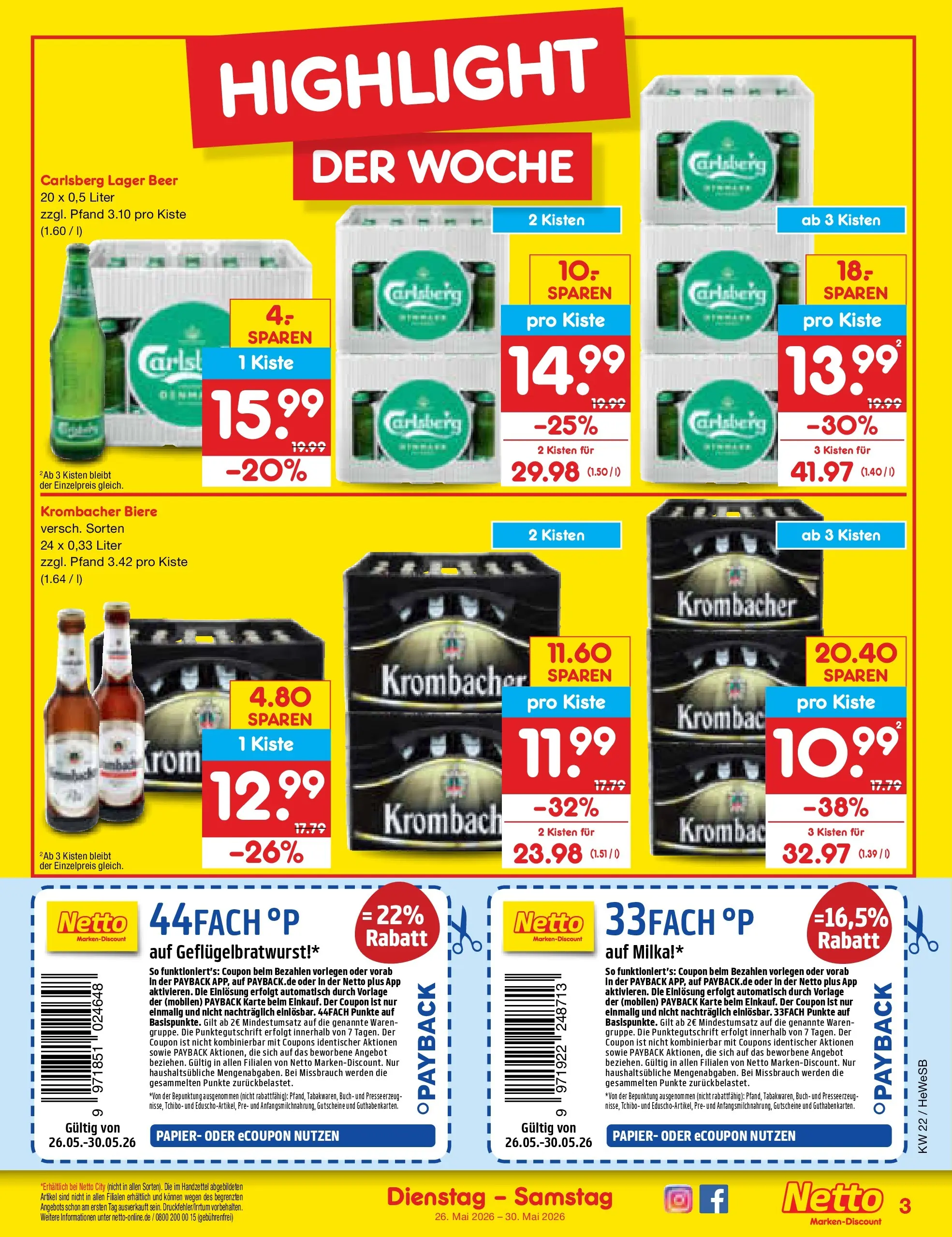 Netto Marken-Discount Prospekt Hamburg (ab 26.05.2026) » Angebote | Seite: 3 | Produkte: Carlsberg, Milka, Krombacher