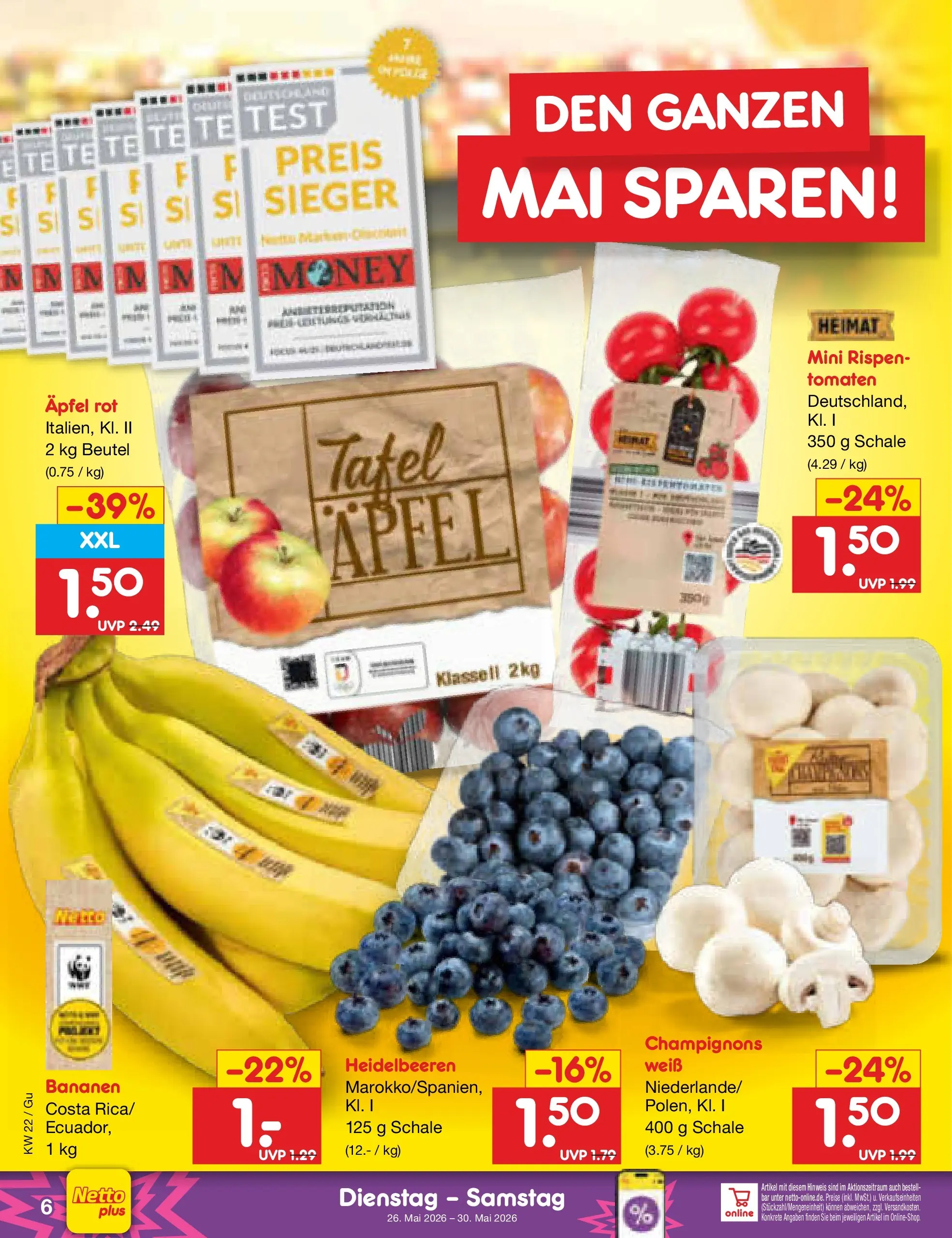 Netto Marken-Discount Prospekt Machern (ab 26.05.2026) » Angebote | Seite: 8 | Produkte: Äpfel, Bananen, Tomaten, Heidelbeeren
