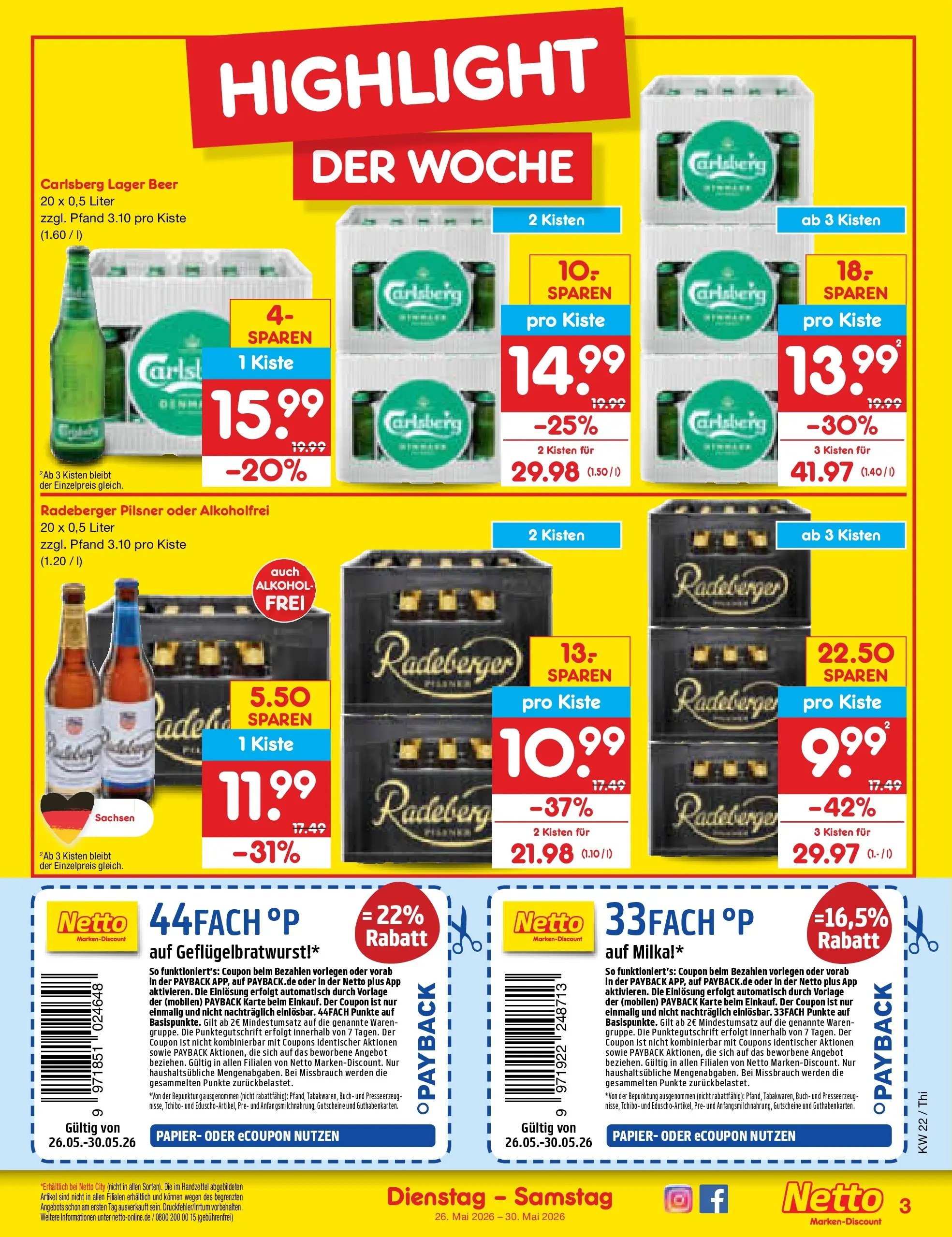 Netto Marken-Discount Prospekt Thiendorf (ab 26.05.2026) » Angebote | Seite: 3 | Produkte: Carlsberg, Milka, Radeberger pilsner
