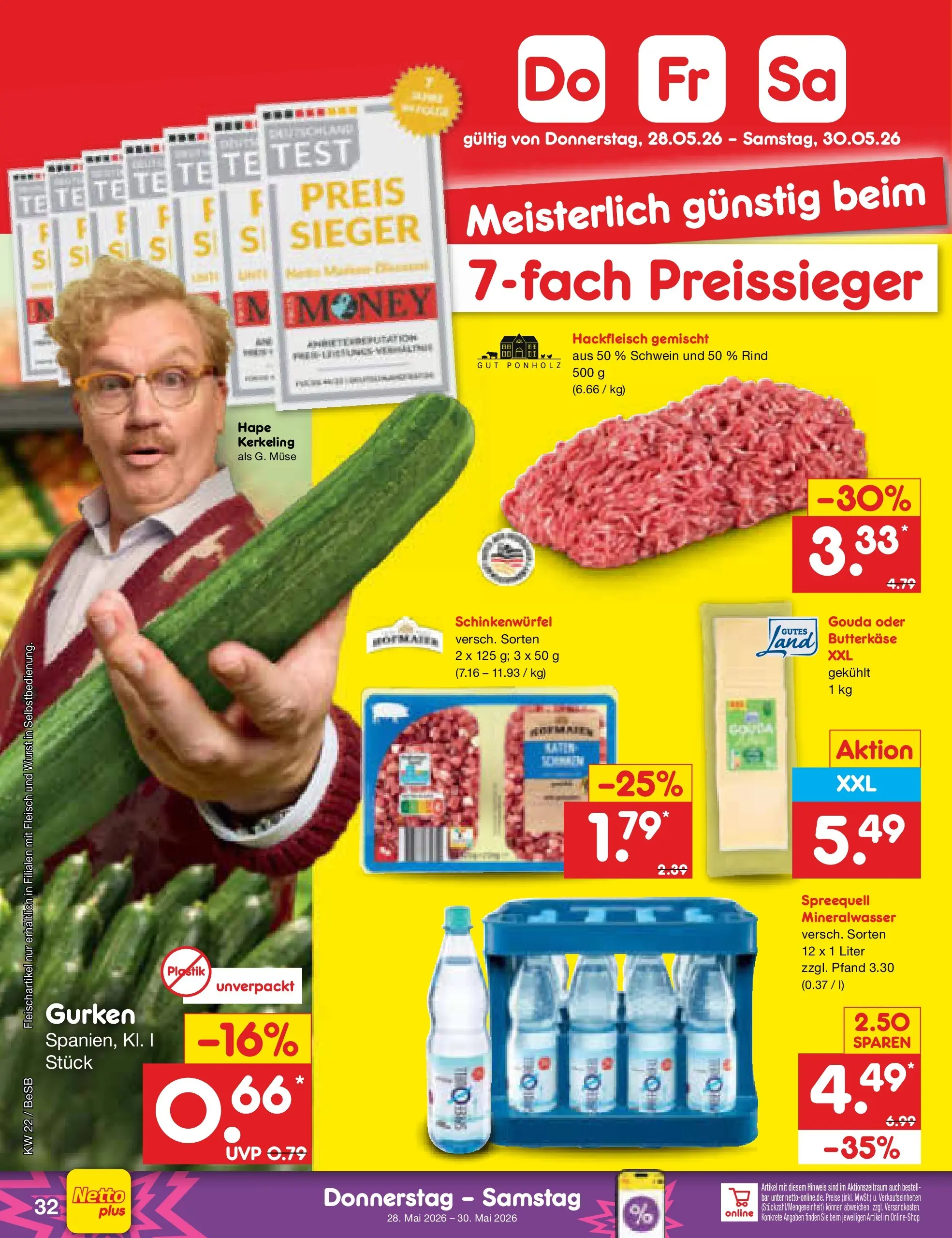 Netto Marken-Discount Prospekt Kremmen (ab 26.05.2026) » Angebote | Seite: 40 | Produkte: Gouda, Mineralwasser, Gurken, Hackfleisch