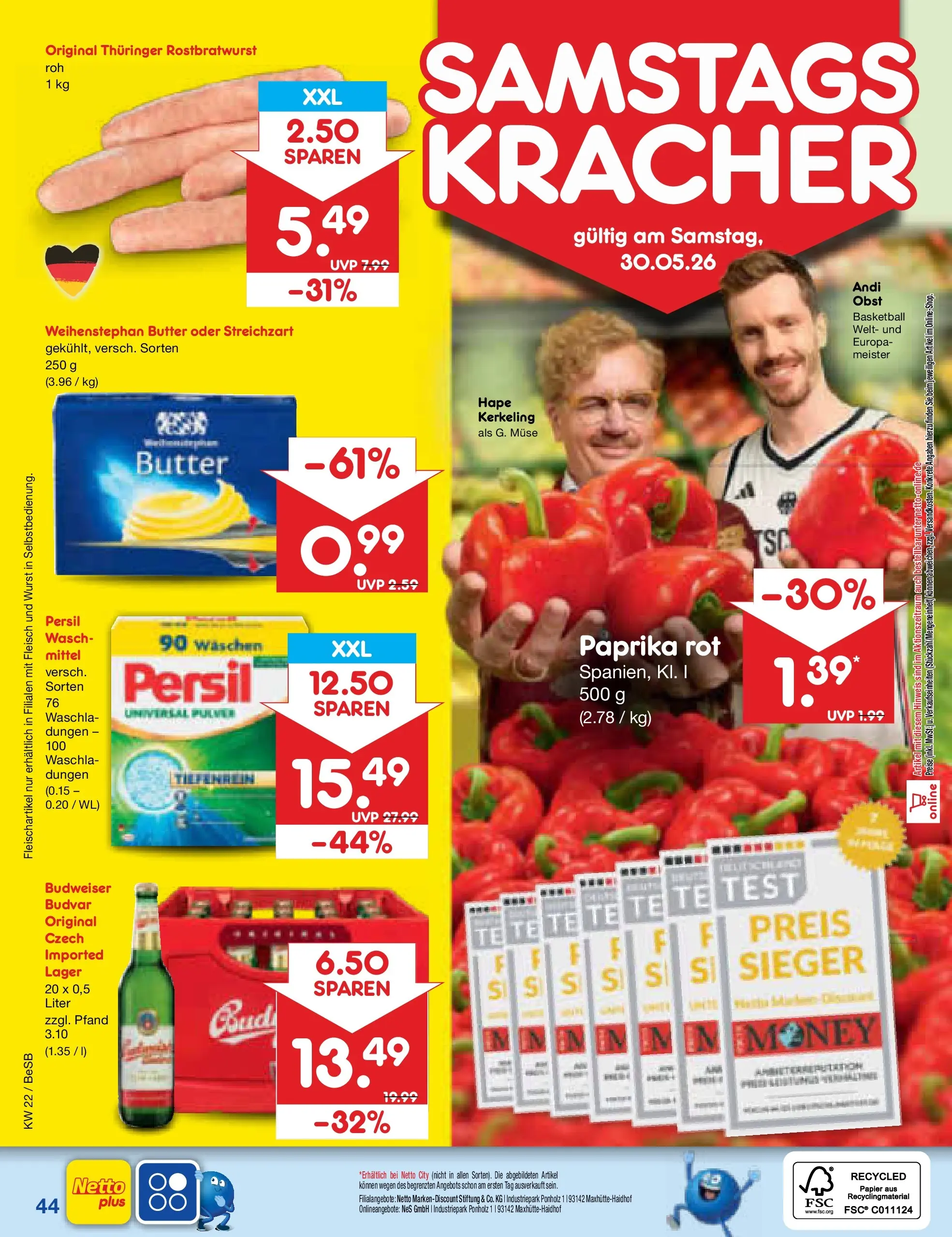 Netto Marken-Discount Prospekt Kremmen (ab 26.05.2026) » Angebote | Seite: 52 | Produkte: Paprika, Wurst, Budweiser, Fleisch