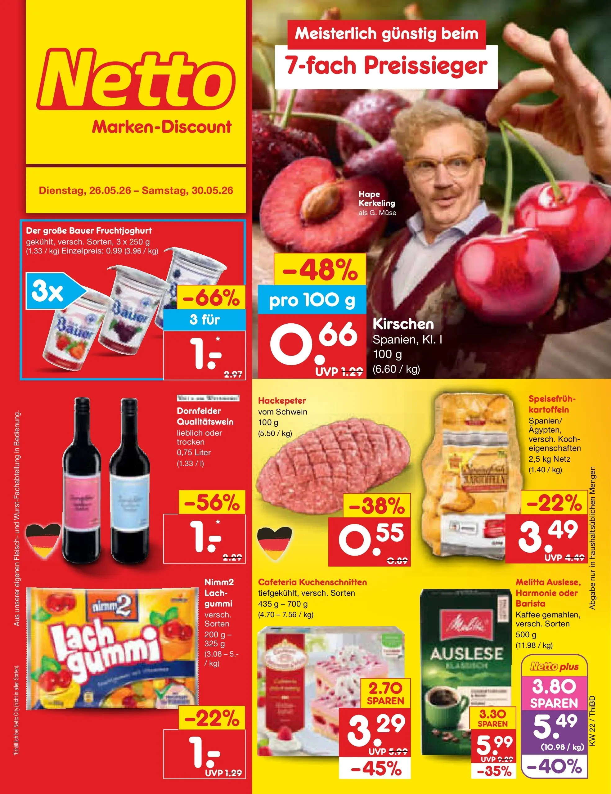 Netto Marken-Discount Prospekt Thiendorf (ab 26.05.2026) » Angebote | Seite: 1 | Produkte: Melitta, Fruchtjoghurt, Kirschen, Fleisch