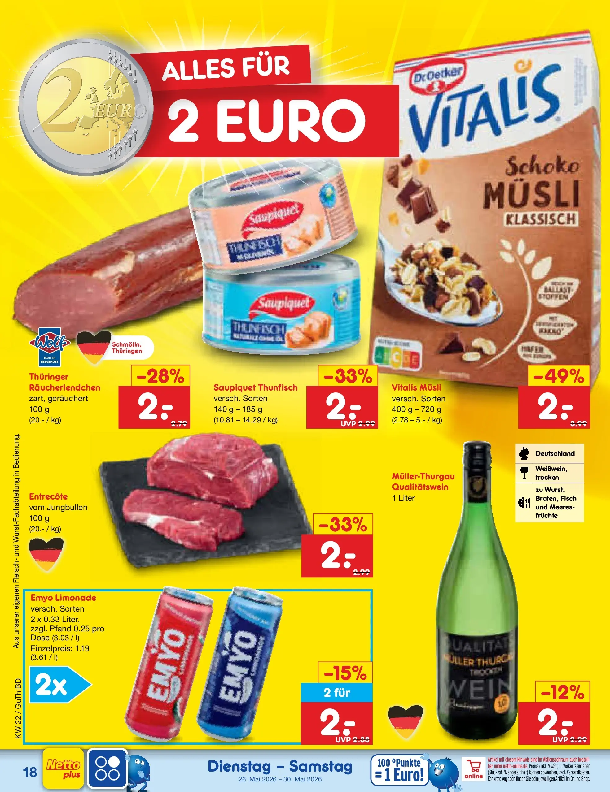 Netto Marken-Discount Prospekt Thiendorf (ab 26.05.2026) » Angebote | Seite: 22 | Produkte: Musli, Limonade, Fisch, Fleisch