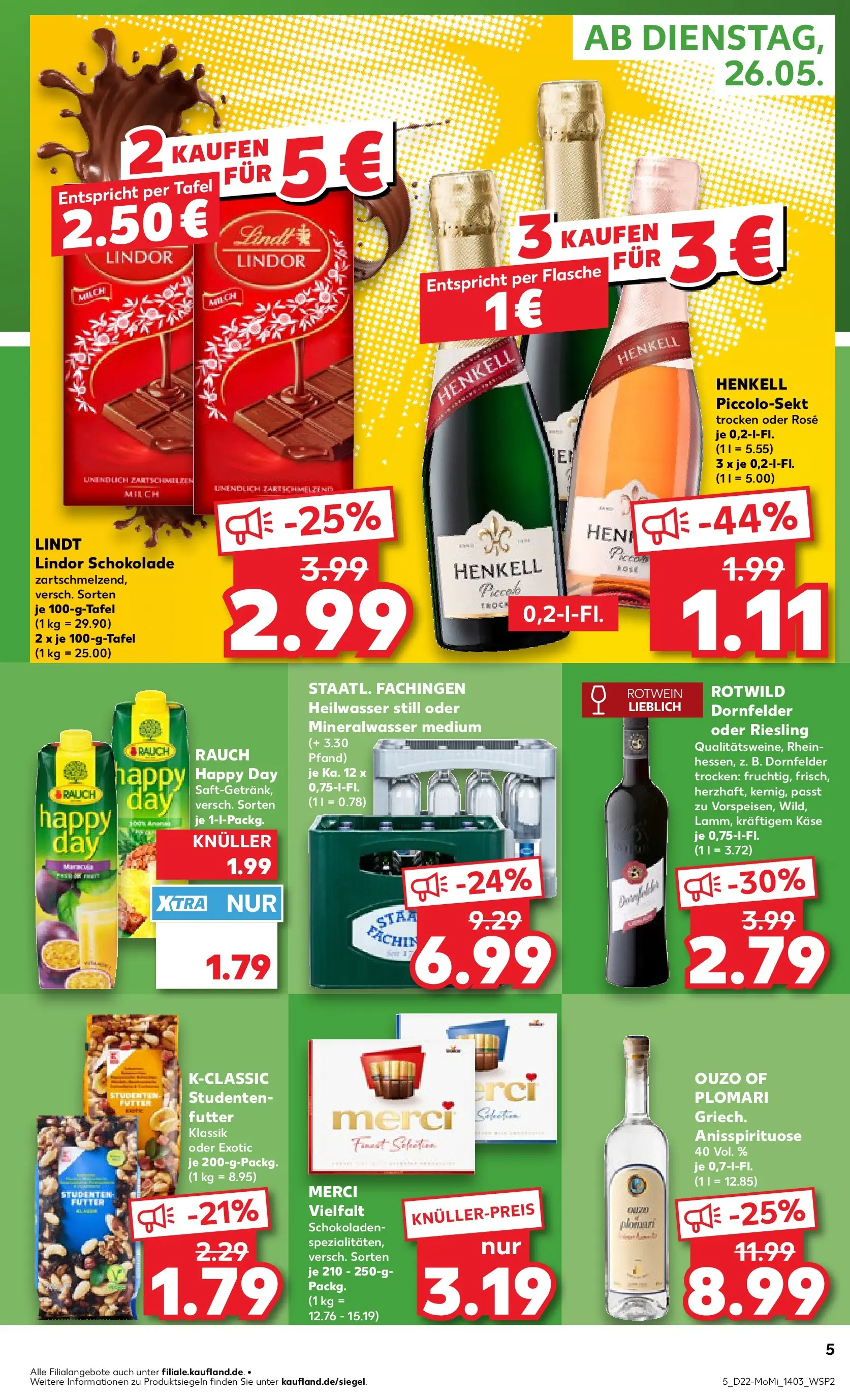 Prospekt Kaufland ab 26.05.2026 » Angebote Online zum Blättern | Seite: 5 | Produkte: Ouzo, Schokolade, Mineralwasser, Lindt