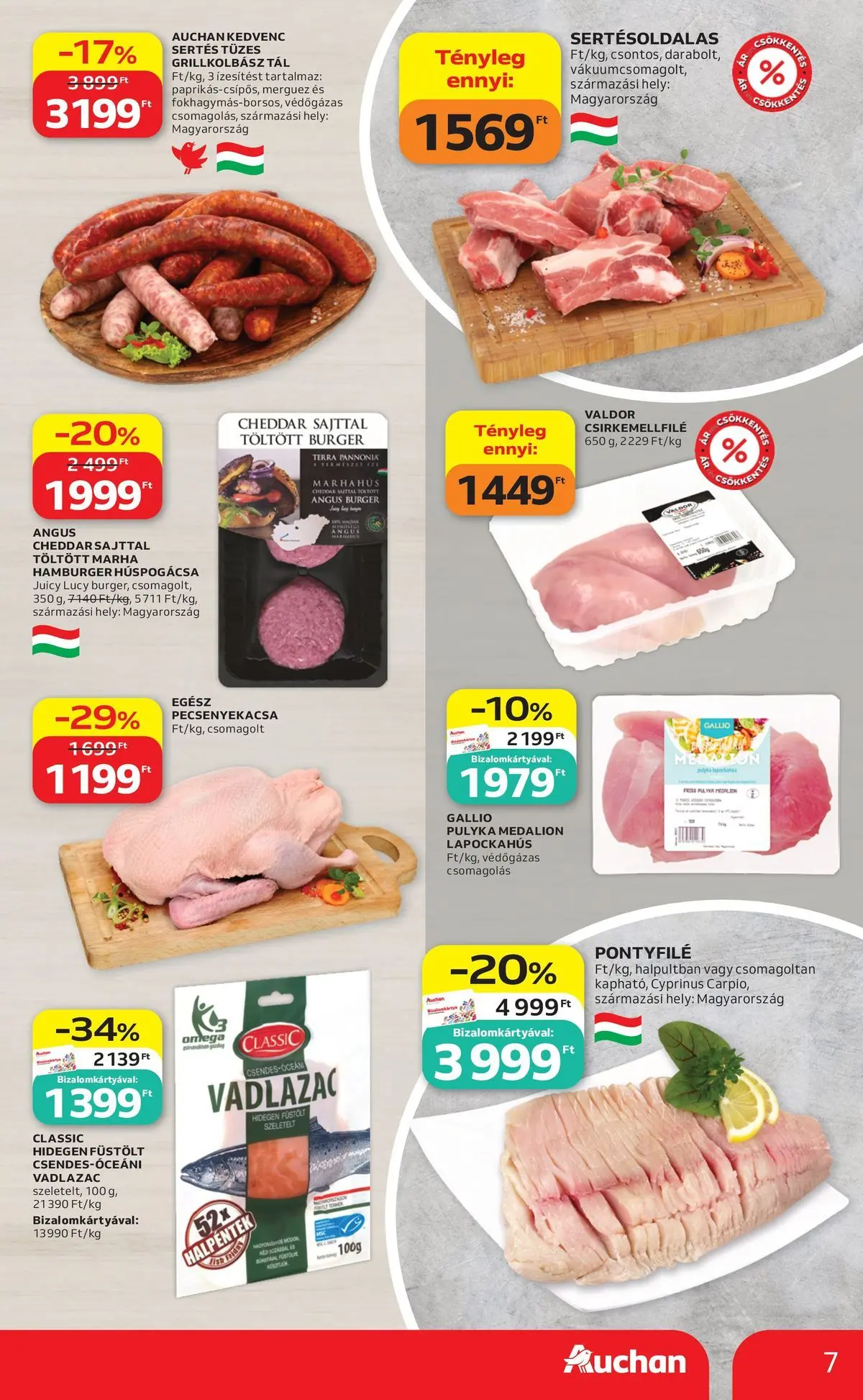 Auchan akciós újság Budapest - 2026.05.21. -tól/töl > akció, lapozható szórólap 🛍️ | Oldal: 7 | Termékek: Grillkolbász, Pecsenyekacsa, Marhahús, Cheddar
