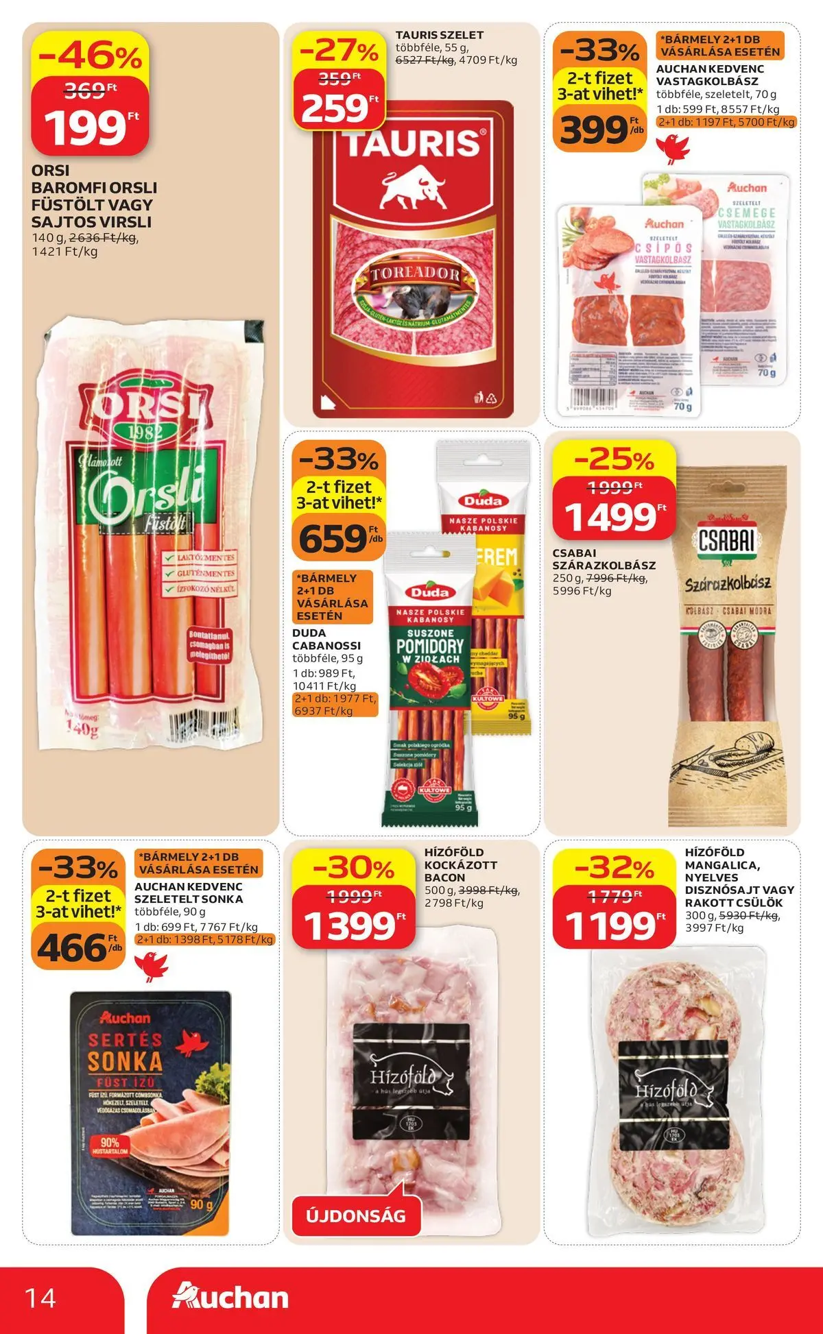 Auchan akciós újság Budapest - 2026.05.21. -tól/töl > akció, lapozható szórólap 🛍️ | Oldal: 14 | Termékek: Kolbász, Sonka, Bacon, Vastagkolbász