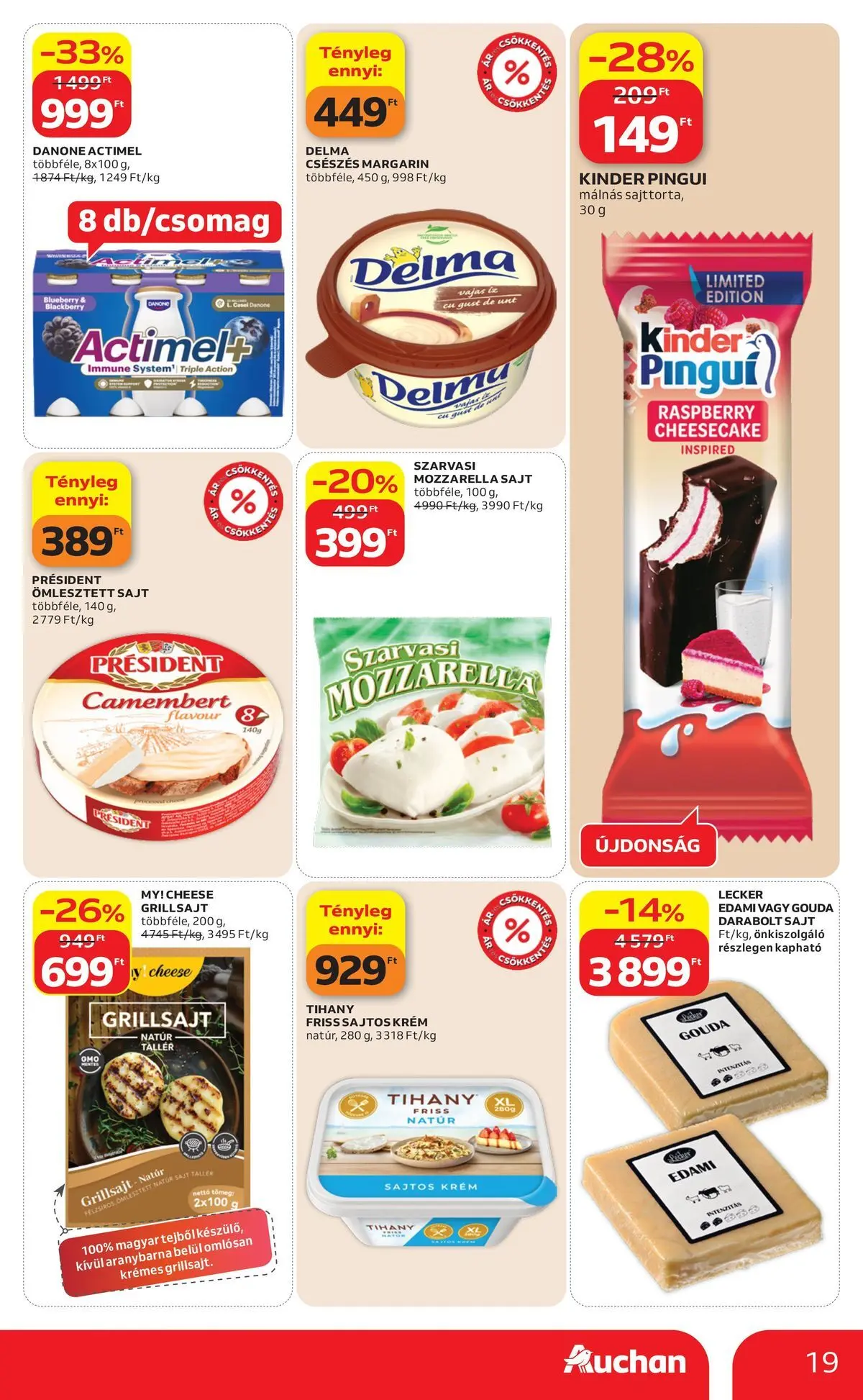 Auchan akciós újság Budapest - 2026.05.21. -tól/töl > akció, lapozható szórólap 🛍️ | Oldal: 19 | Termékek: Actimel, Gouda, Tihany, Sajt