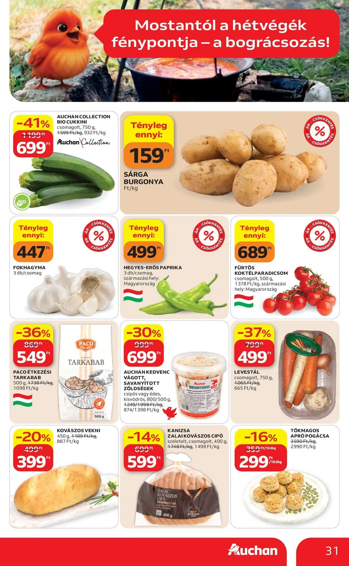 Auchan akciós újság Budapest - 2026.05.21. -tól/töl > akció, lapozható szórólap 🛍️ | Oldal: 31 | Termékek: Fokhagyma, Kovászos cipó, Burgonya, Pogácsa