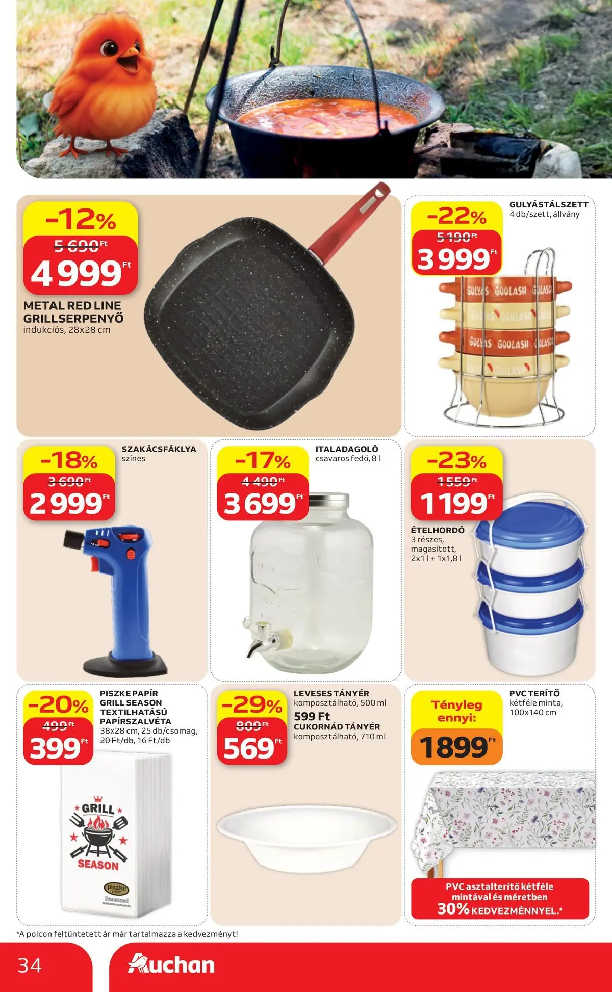 Auchan akciós újság Budapest - 2026.05.21. -tól/töl > akció, lapozható szórólap 🛍️ | Oldal: 34 | Termékek: Grill, Asztalterítő, Tányér, Ételhordó