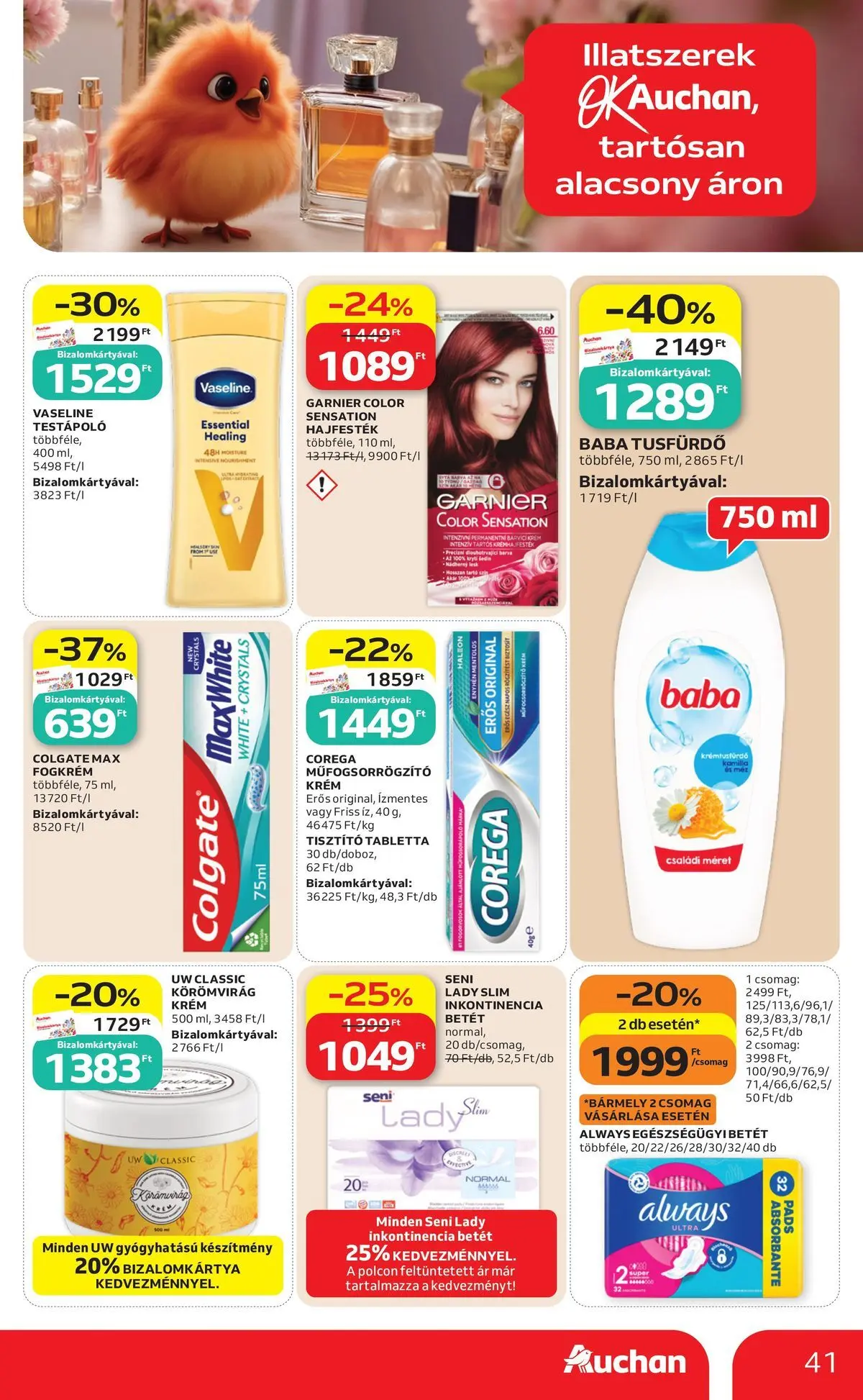 Auchan akciós újság Budapest - 2026.05.21. -tól/töl > akció, lapozható szórólap 🛍️ | Oldal: 41 | Termékek: Hajfesték, Testápoló, Tusfürdő, Fogkrém