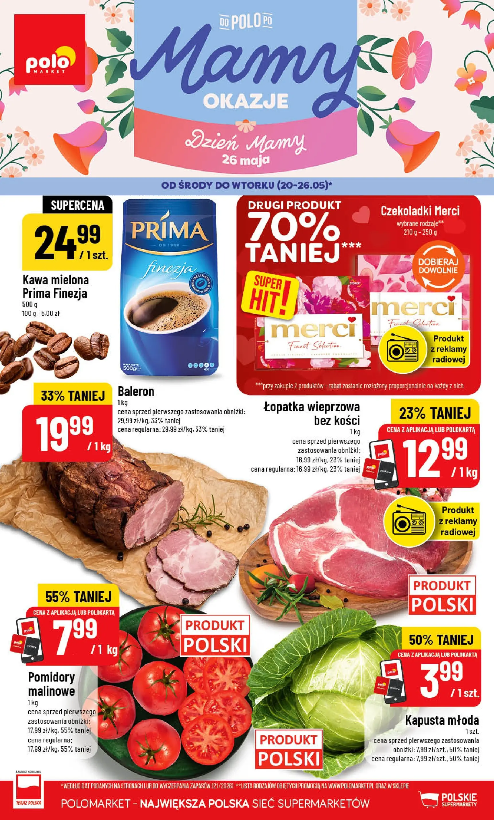 Nowa POLOmarket gazetka od jutra 20.05.2026 | Strona: 1 | Produkty: Czekoladki, Pomidory malinowe, Łopatka wieprzowa, Pomidory
