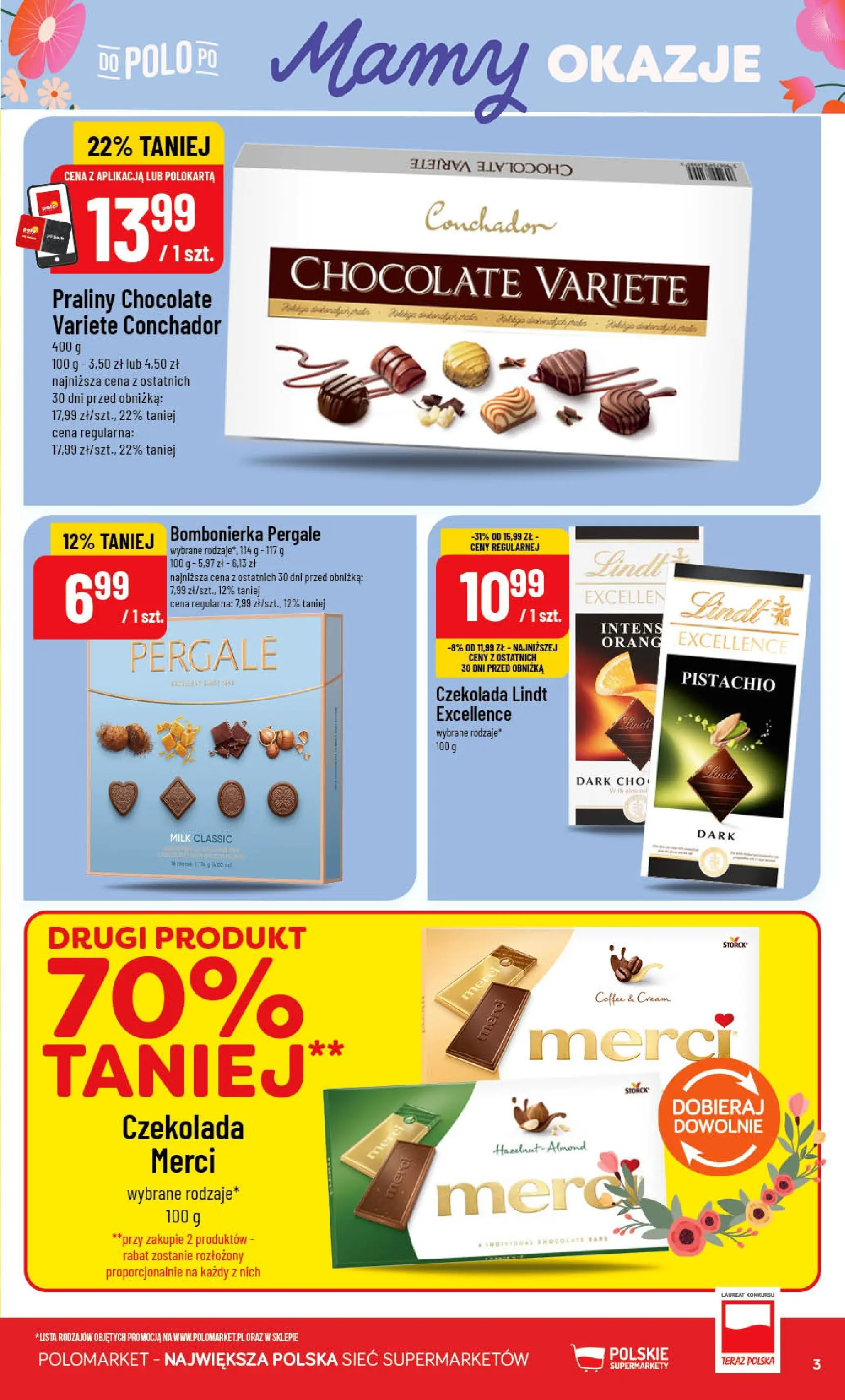 Nowa POLOmarket gazetka od jutra 20.05.2026 | Strona: 3 | Produkty: Czekolada lindt, Bombonierka, Merci, Czekolada