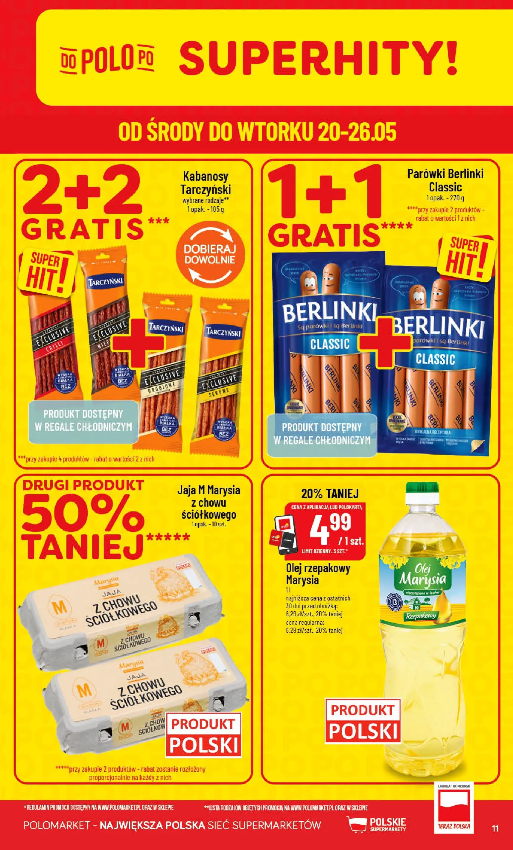Nowa POLOmarket gazetka od jutra 20.05.2026 | Strona: 11 | Produkty: Kabanosy, Parówki, Olej, Jaja