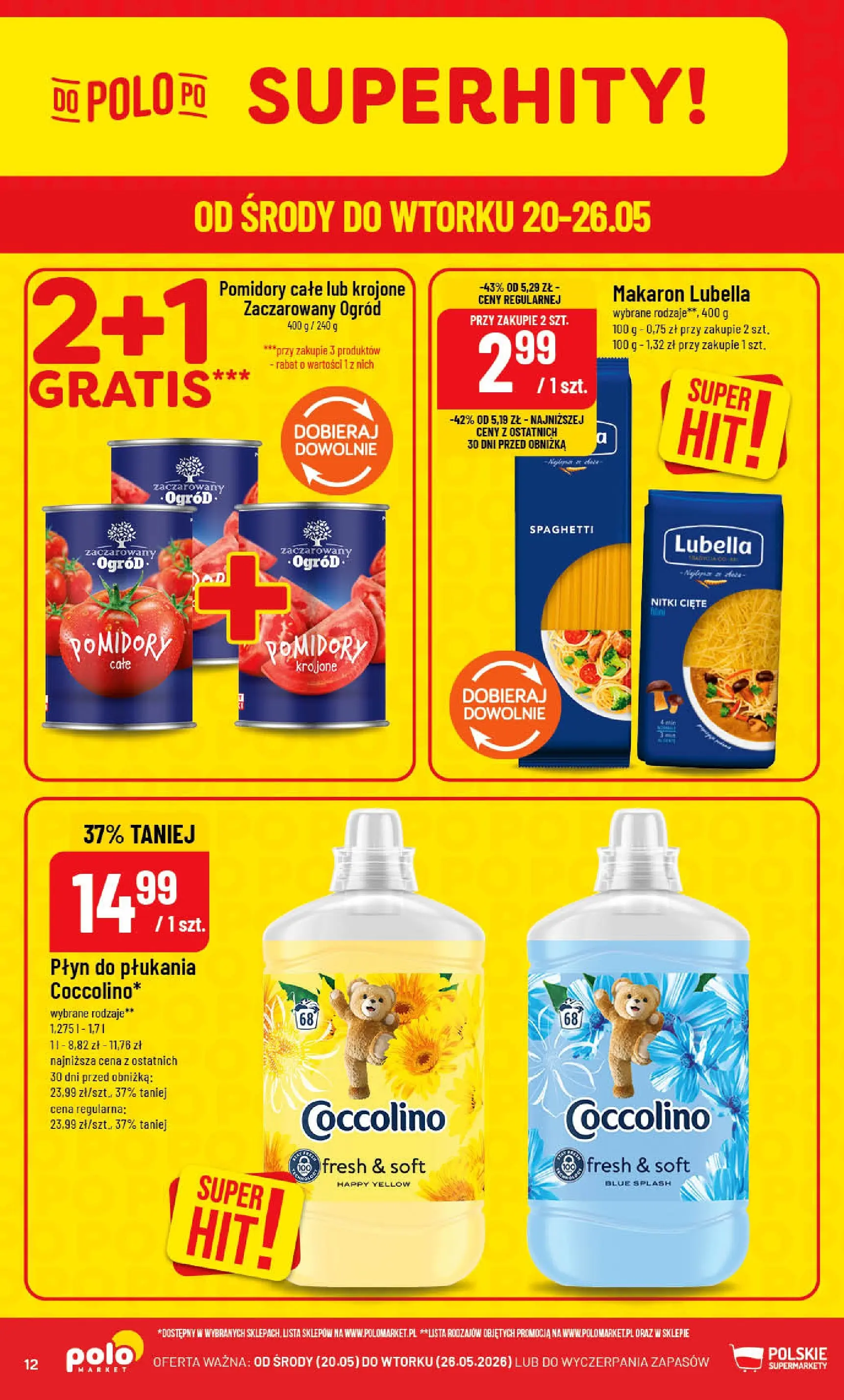 Nowa POLOmarket gazetka od jutra 20.05.2026 | Strona: 12 | Produkty: Coccolino, Pomidory, Makaron