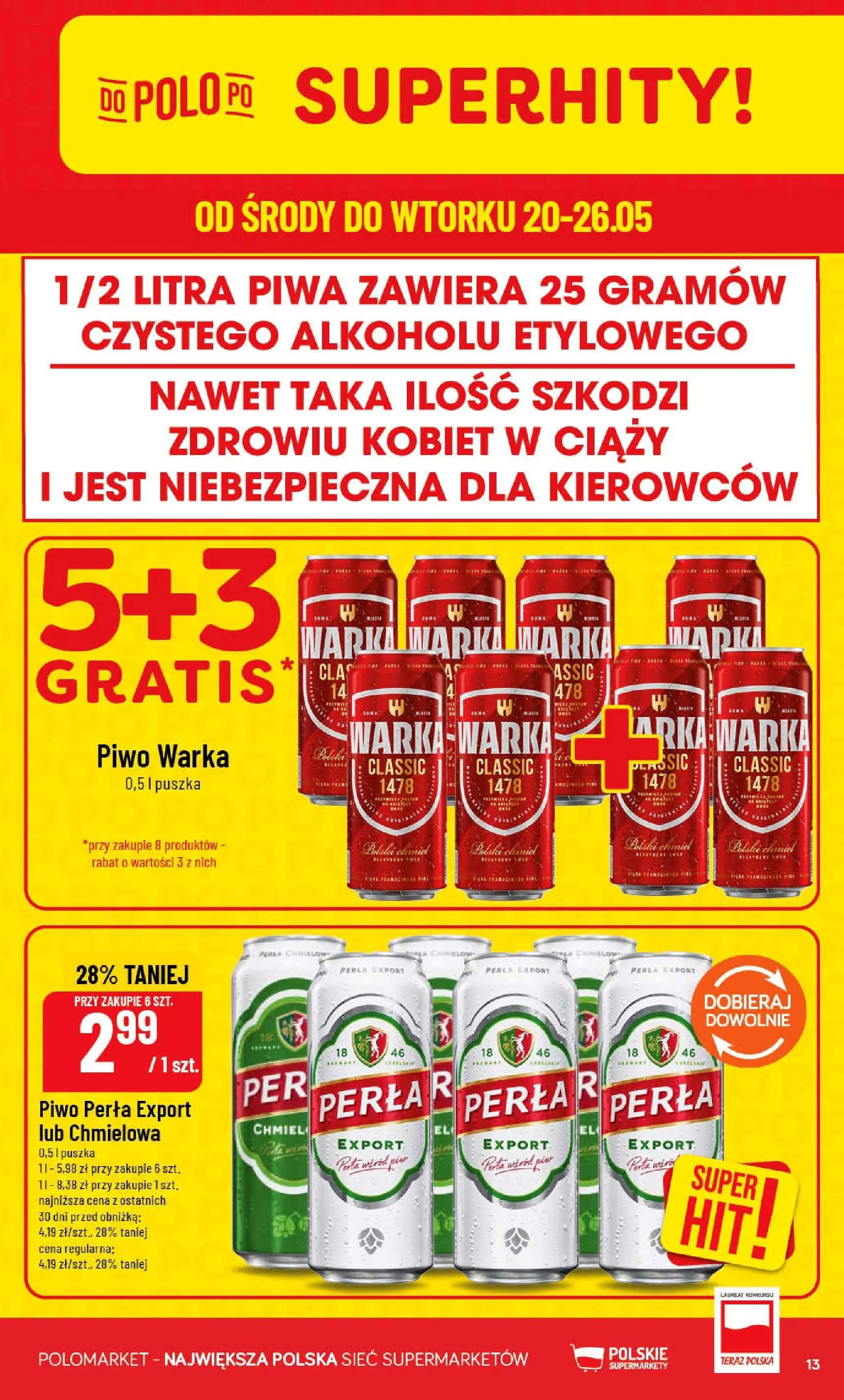 Nowa POLOmarket gazetka od jutra 20.05.2026 | Strona: 13 | Produkty: Piwo perła, Warka, Piwo Warka, Piwo