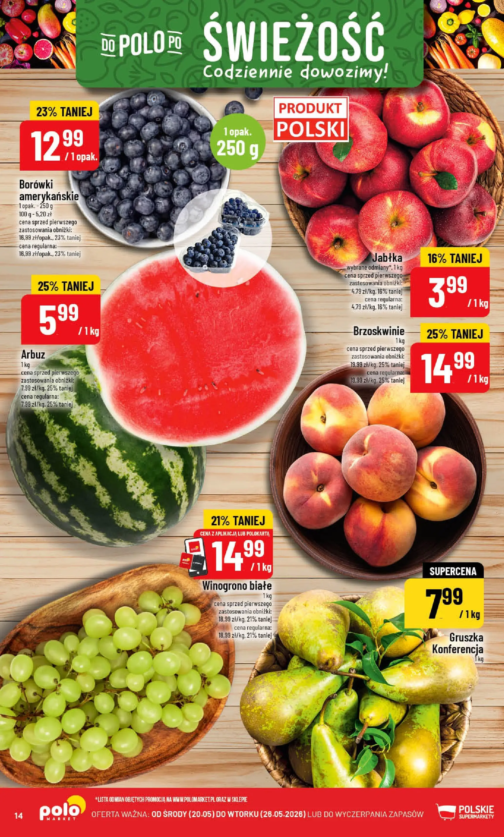 Nowa POLOmarket gazetka od jutra 20.05.2026 | Strona: 14 | Produkty: Arbuz, Gruszka, Jabłka, Brzoskwinie