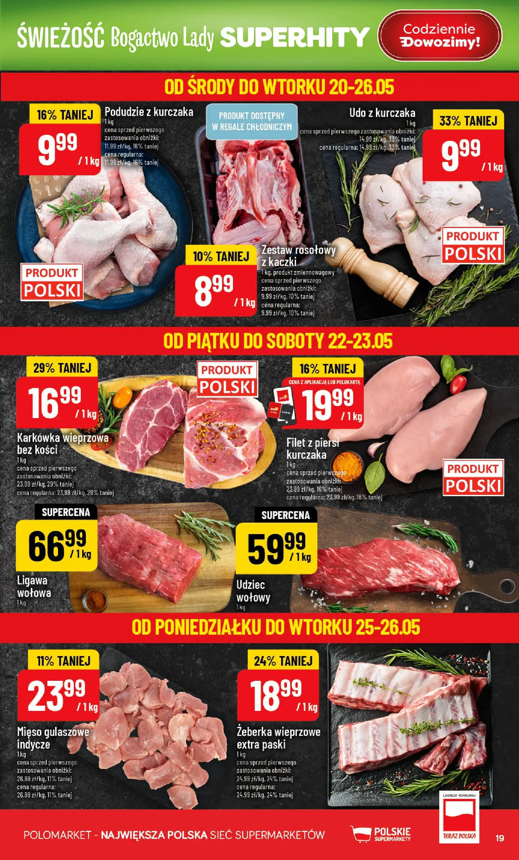 Nowa POLOmarket gazetka od jutra 20.05.2026 | Strona: 19 | Produkty: Piersi, Karkówka wieprzowa, Mięso, Filet z piersi kurczaka