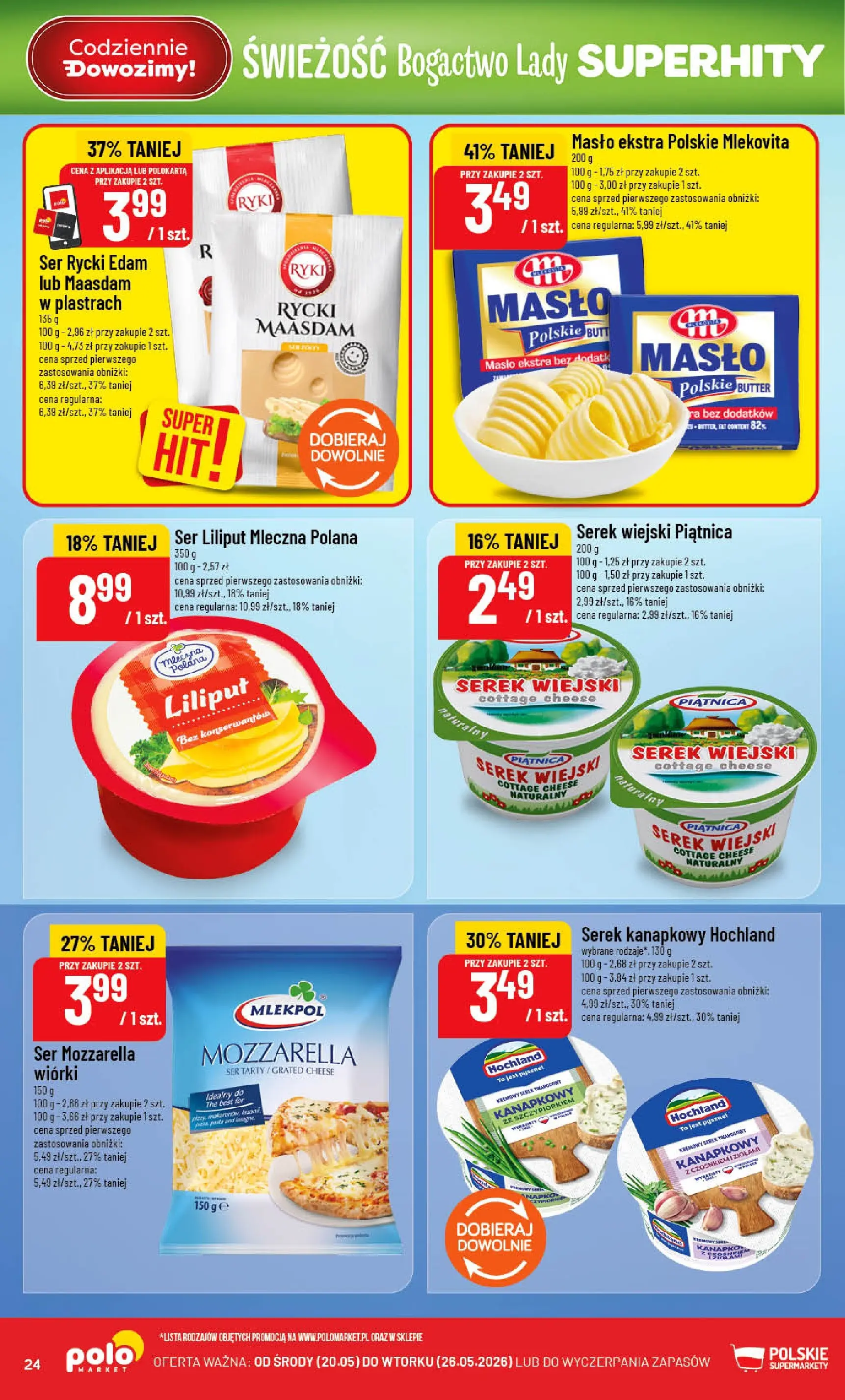 Nowa POLOmarket gazetka od jutra 20.05.2026 | Strona: 24 | Produkty: Serek, Mozzarella wiórki, Serek wiejski, Mozzarella
