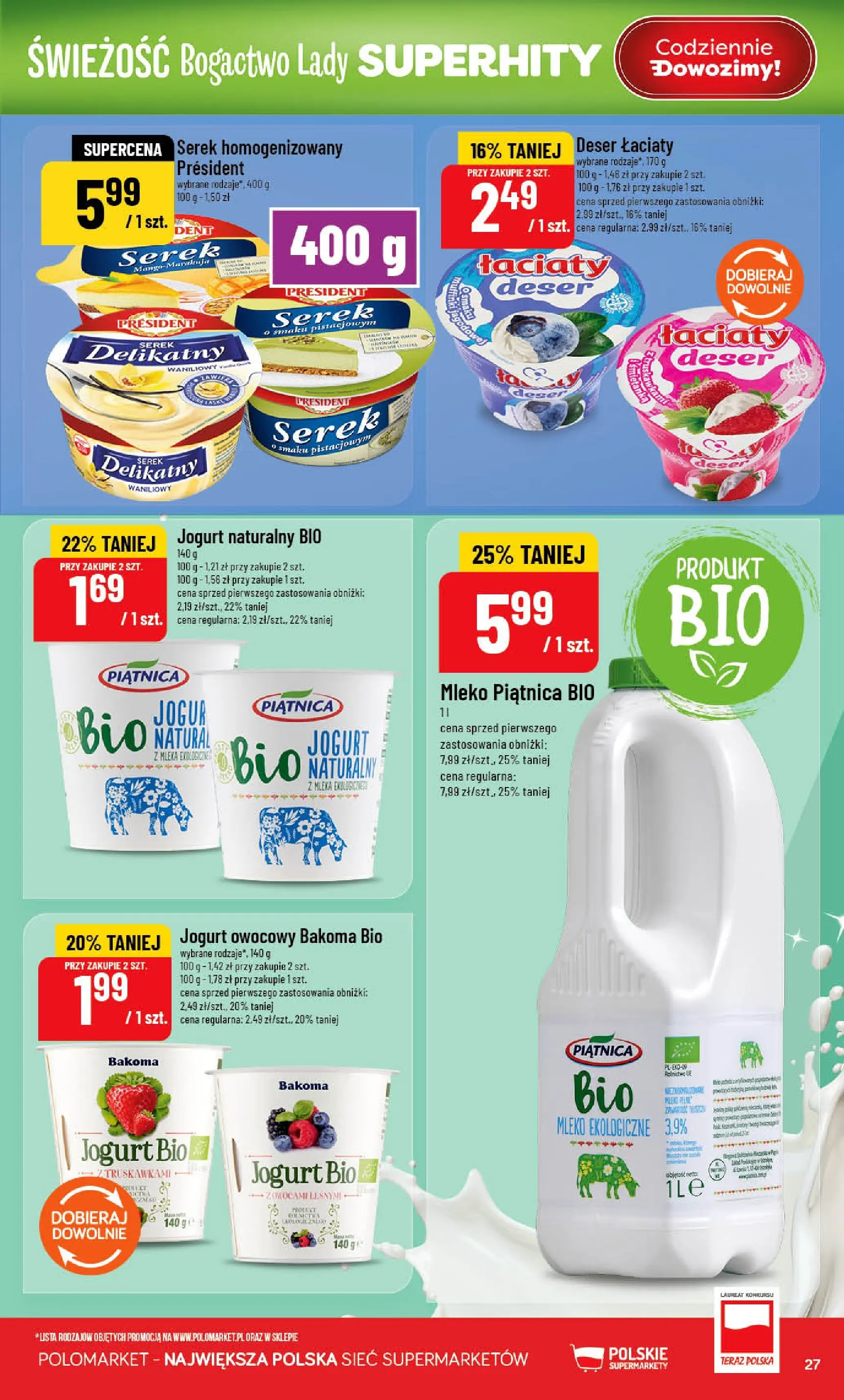 Nowa POLOmarket gazetka od jutra 20.05.2026 | Strona: 27 | Produkty: Serek homogenizowany, Jogurt naturalny, Mleka, Jogurt