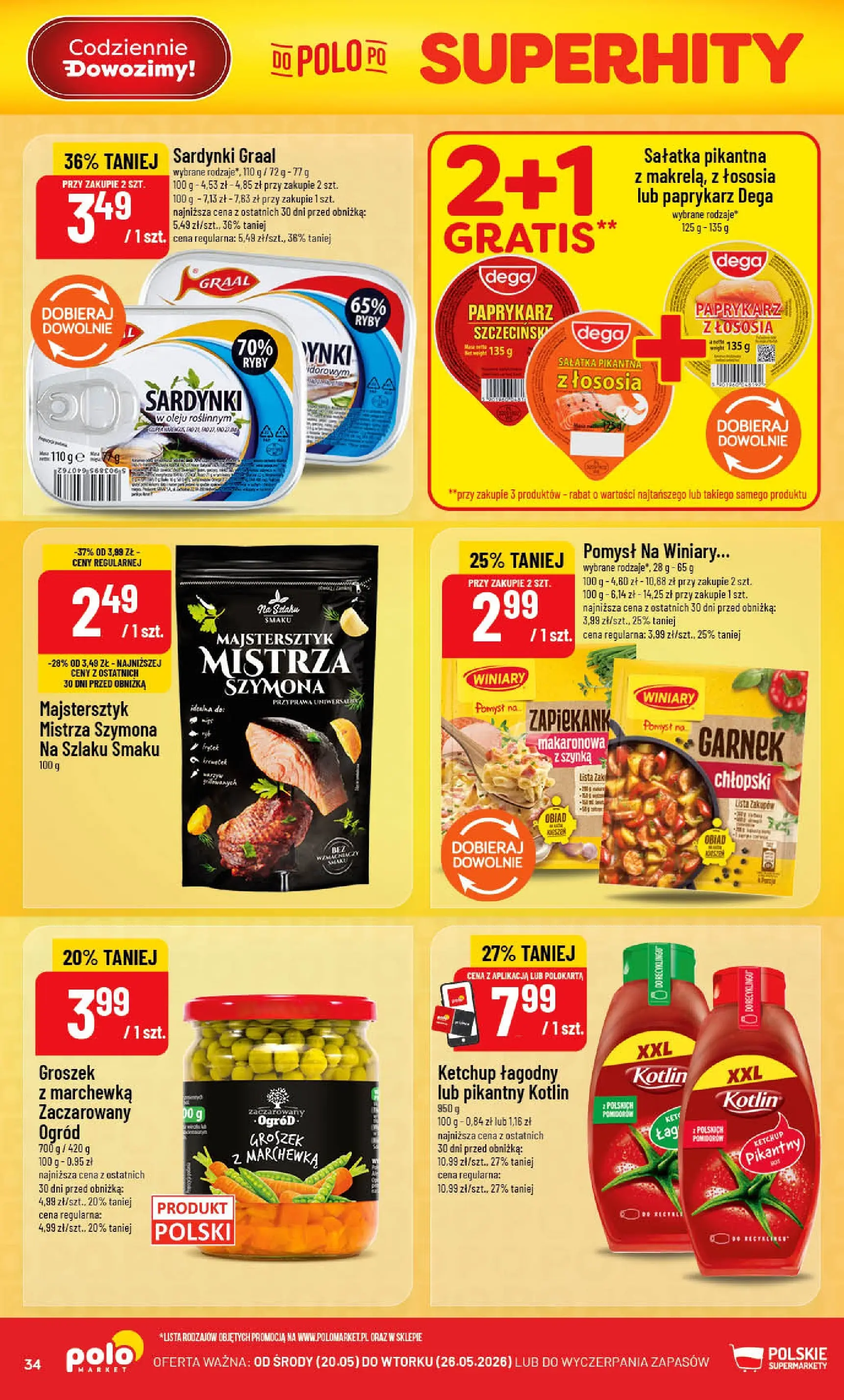Nowa POLOmarket gazetka od jutra 20.05.2026 | Strona: 34 | Produkty: Groszek, Paprykarz, Ketchup, Sałatka