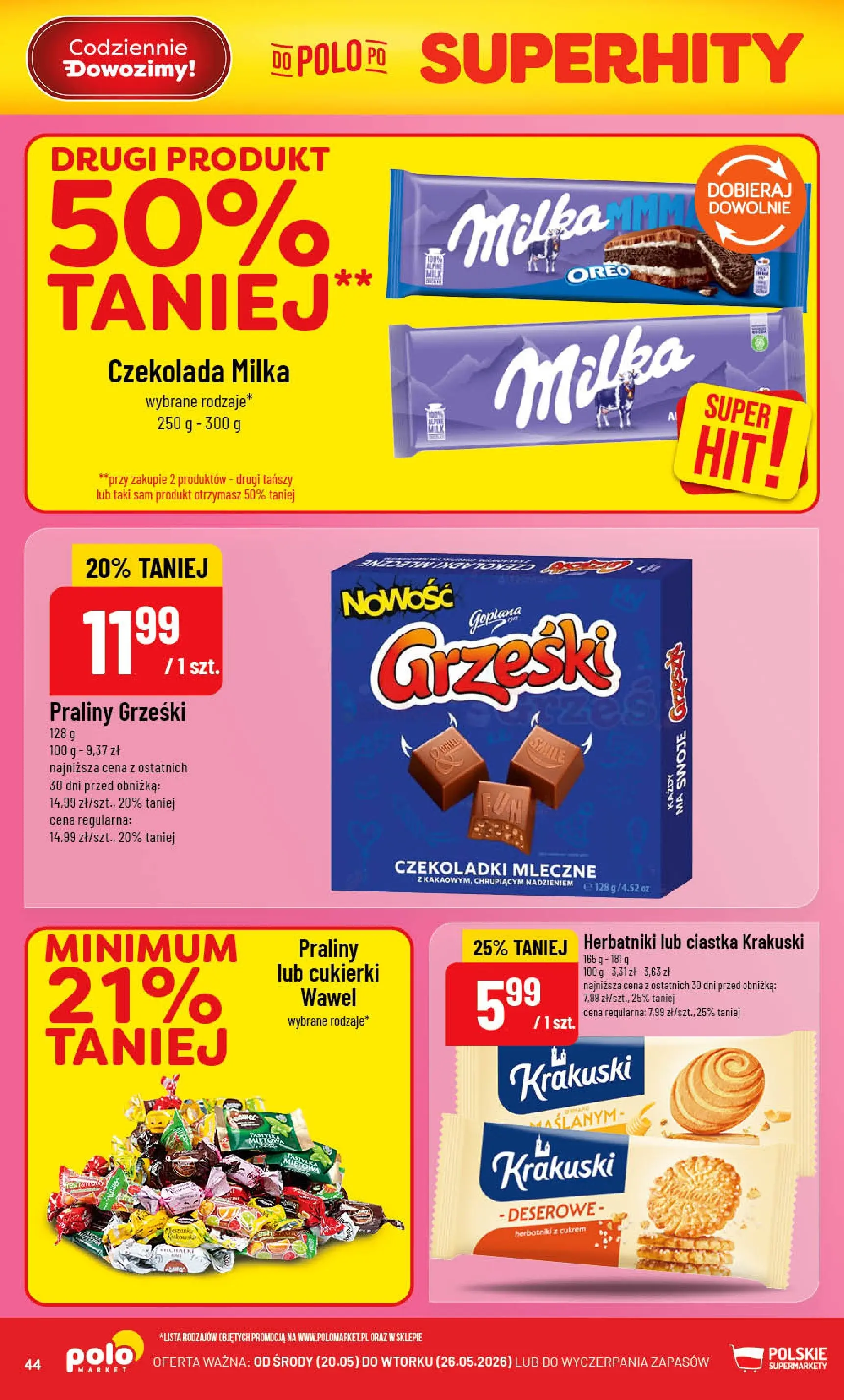 Nowa POLOmarket gazetka od jutra 20.05.2026 | Strona: 44 | Produkty: Czekoladki, Czekolada milka, Milka, Herbatniki