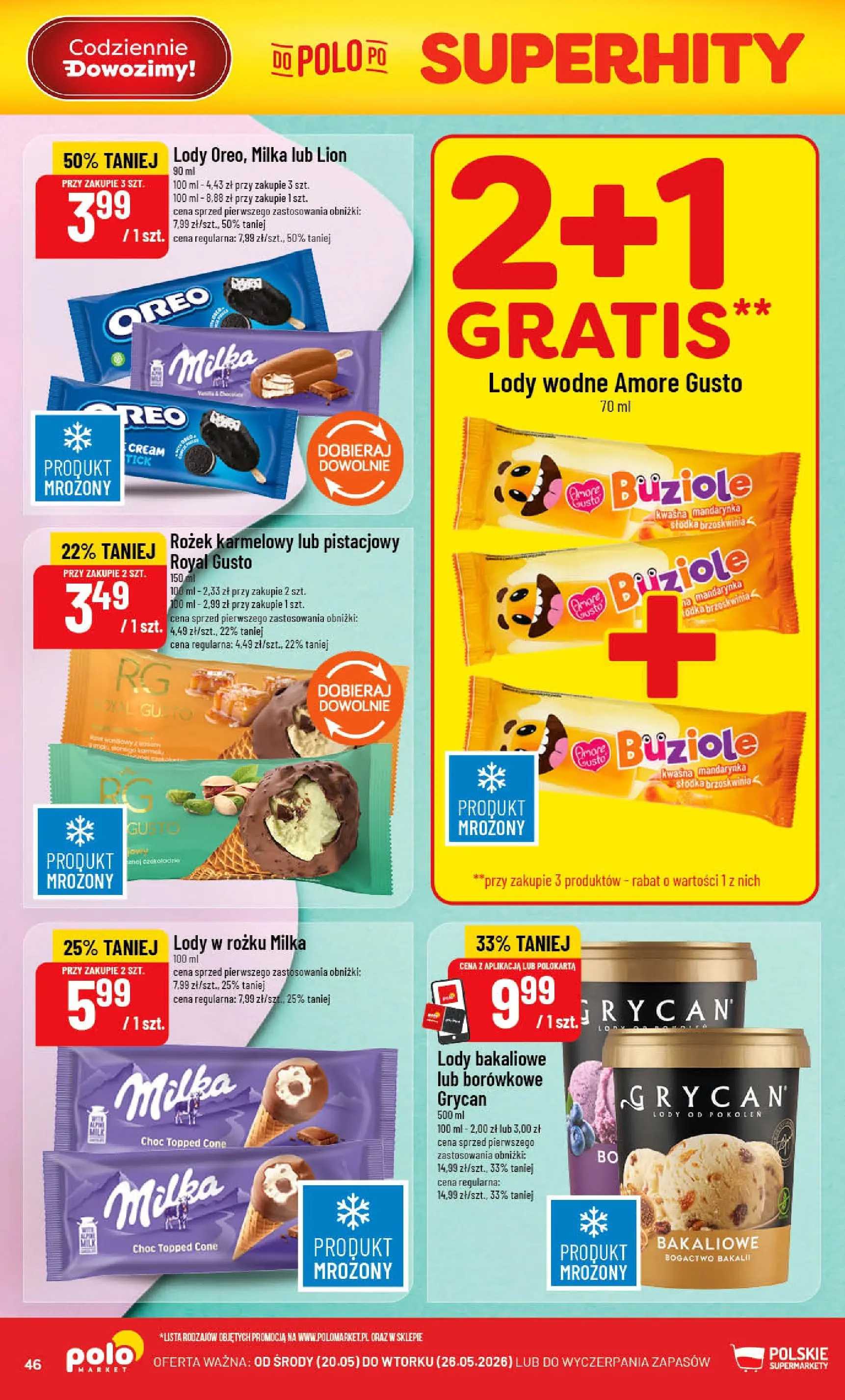 Nowa POLOmarket gazetka od jutra 20.05.2026 | Strona: 46 | Produkty: Brzoskwinia, Milka, Lody
