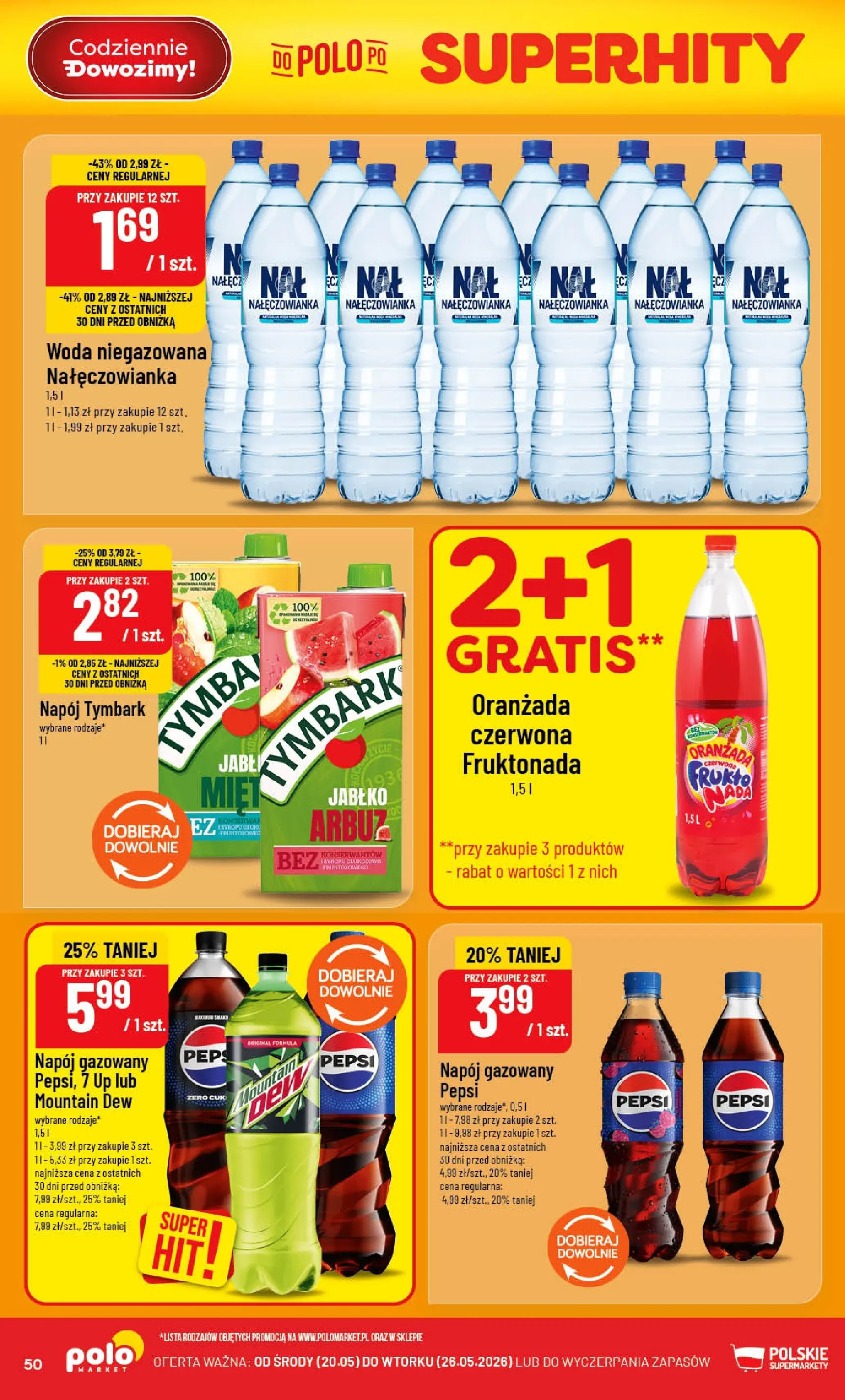 Nowa POLOmarket gazetka od jutra 20.05.2026 | Strona: 50 | Produkty: Arbuz, Pepsi, Woda niegazowana, Woda