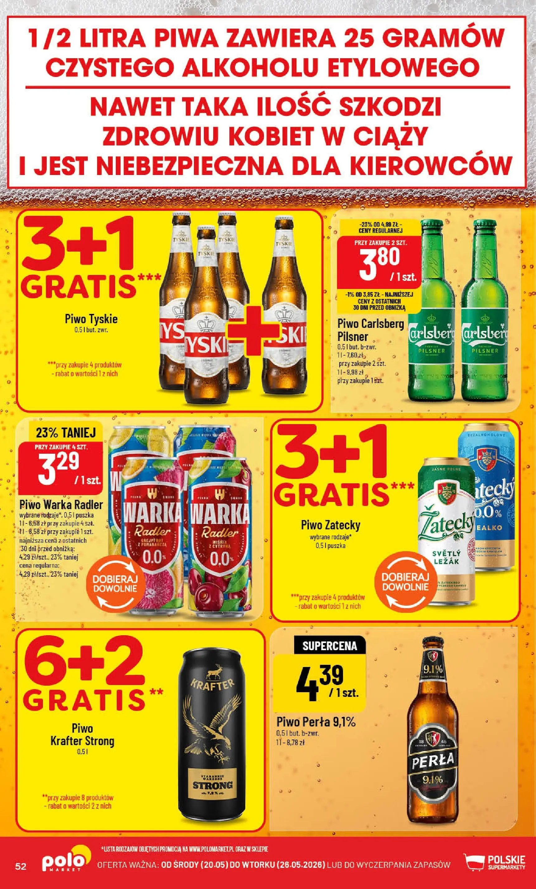 Nowa POLOmarket gazetka od jutra 20.05.2026 | Strona: 52 | Produkty: Leżak, Piwo perła, Piwo Warka, Tyskie