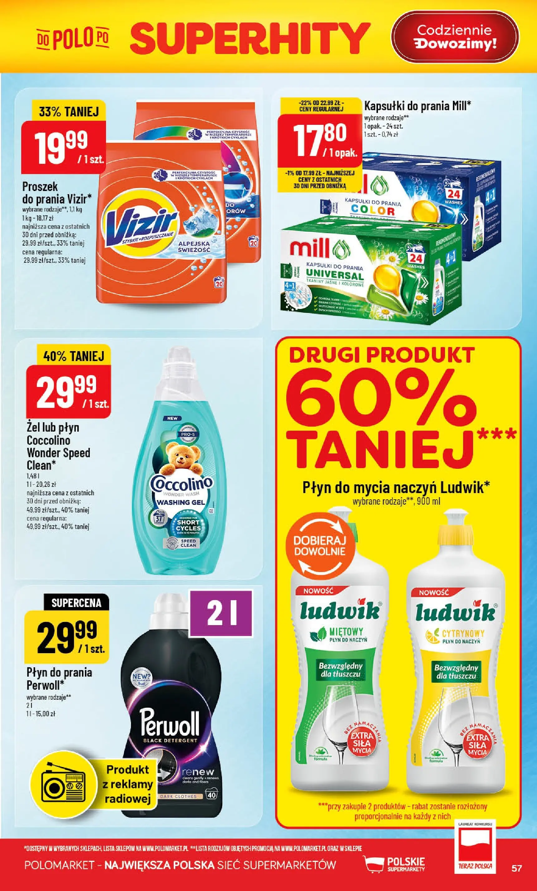 Nowa POLOmarket gazetka od jutra 20.05.2026 | Strona: 57 | Produkty: Coccolino, Kapsułki do prania, Detergent, Płyn do mycia naczyń