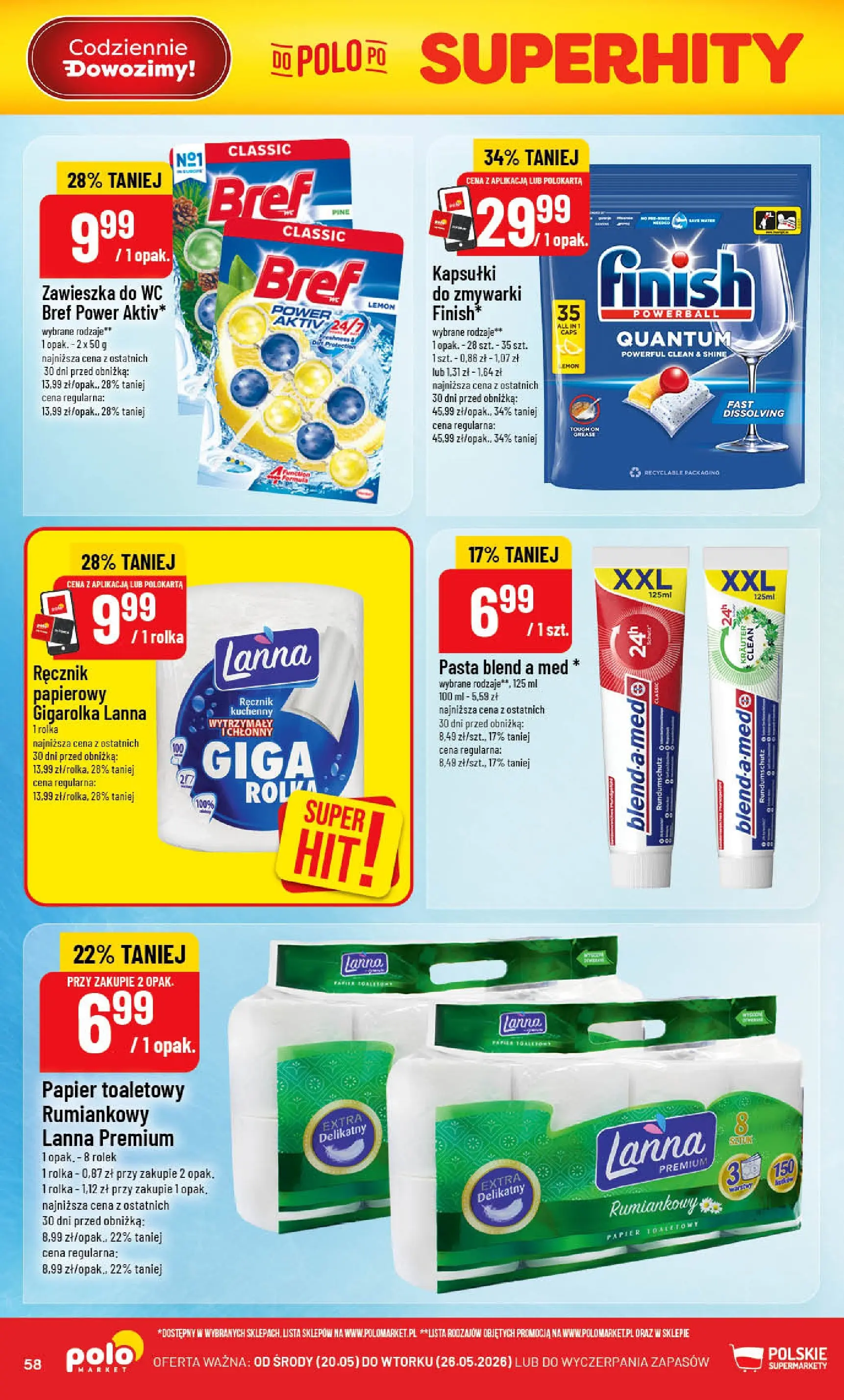 Nowa POLOmarket gazetka od jutra 20.05.2026 | Strona: 58 | Produkty: Papier toaletowy, Kapsułki finish, Finish