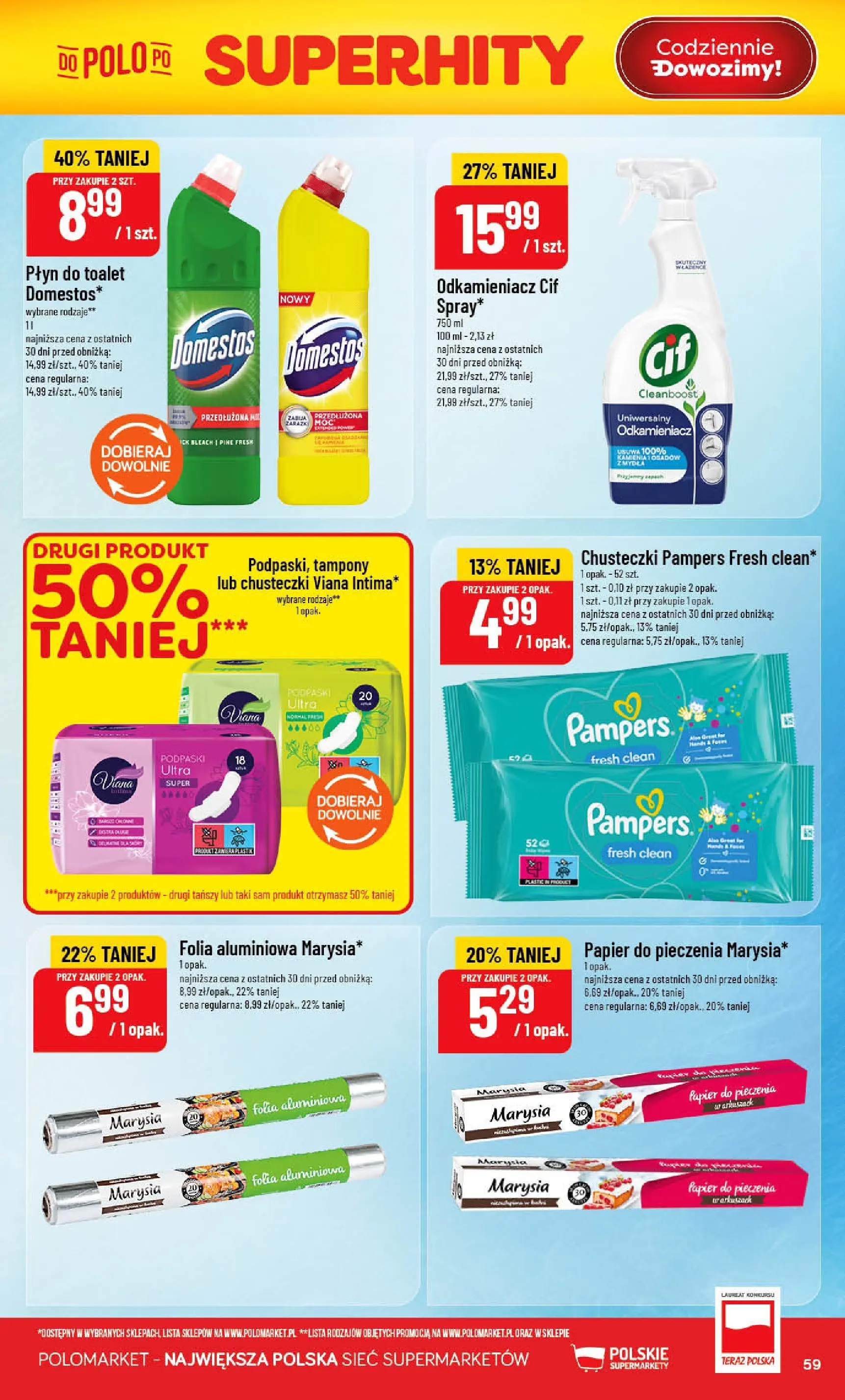 Nowa POLOmarket gazetka od jutra 20.05.2026 | Strona: 59 | Produkty: Tampony, Papier do pieczenia, Pampers, Domestos