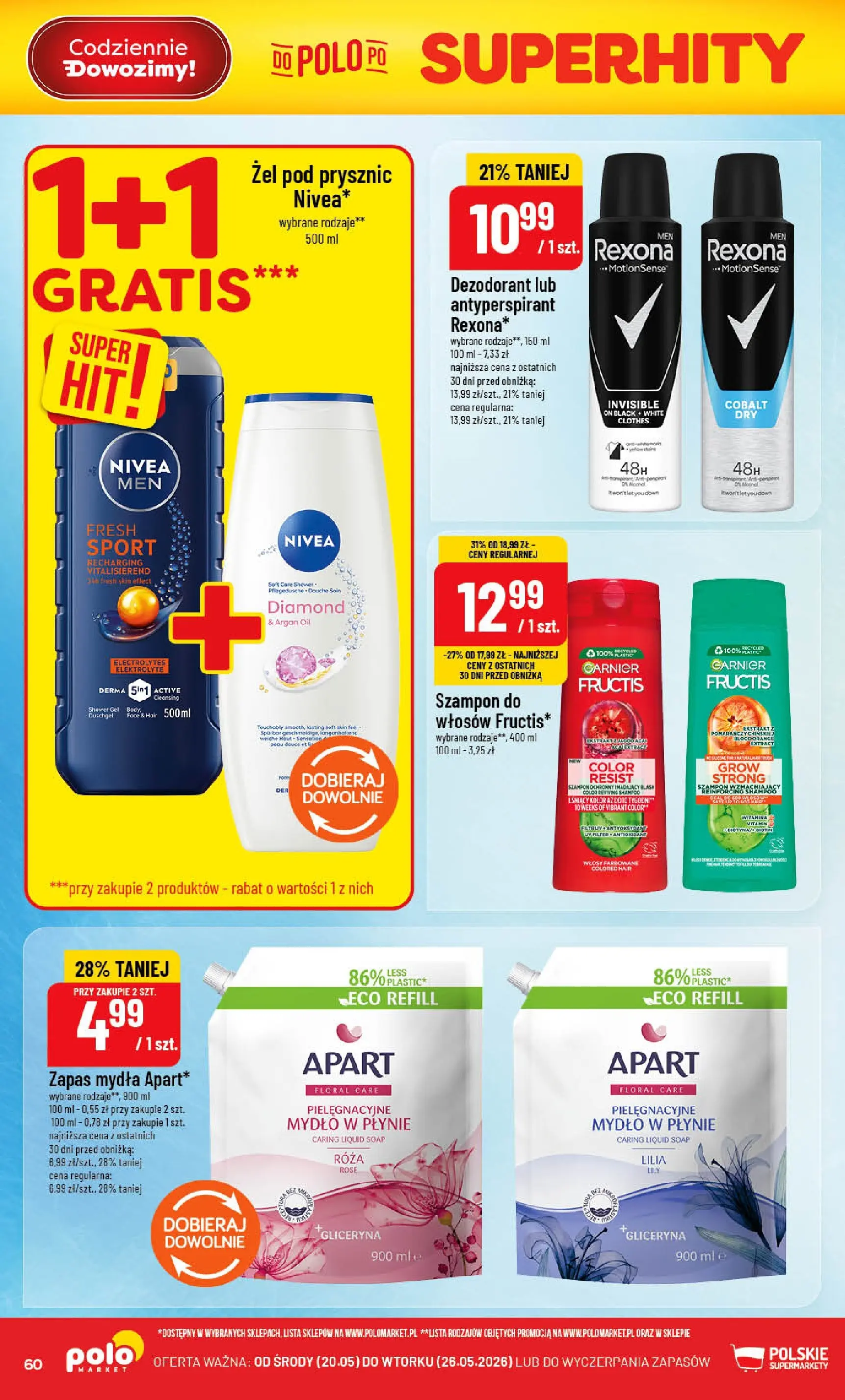 Nowa POLOmarket gazetka od jutra 20.05.2026 | Strona: 60 | Produkty: Szampon, Mydło, Żel pod prysznic, Dezodorant