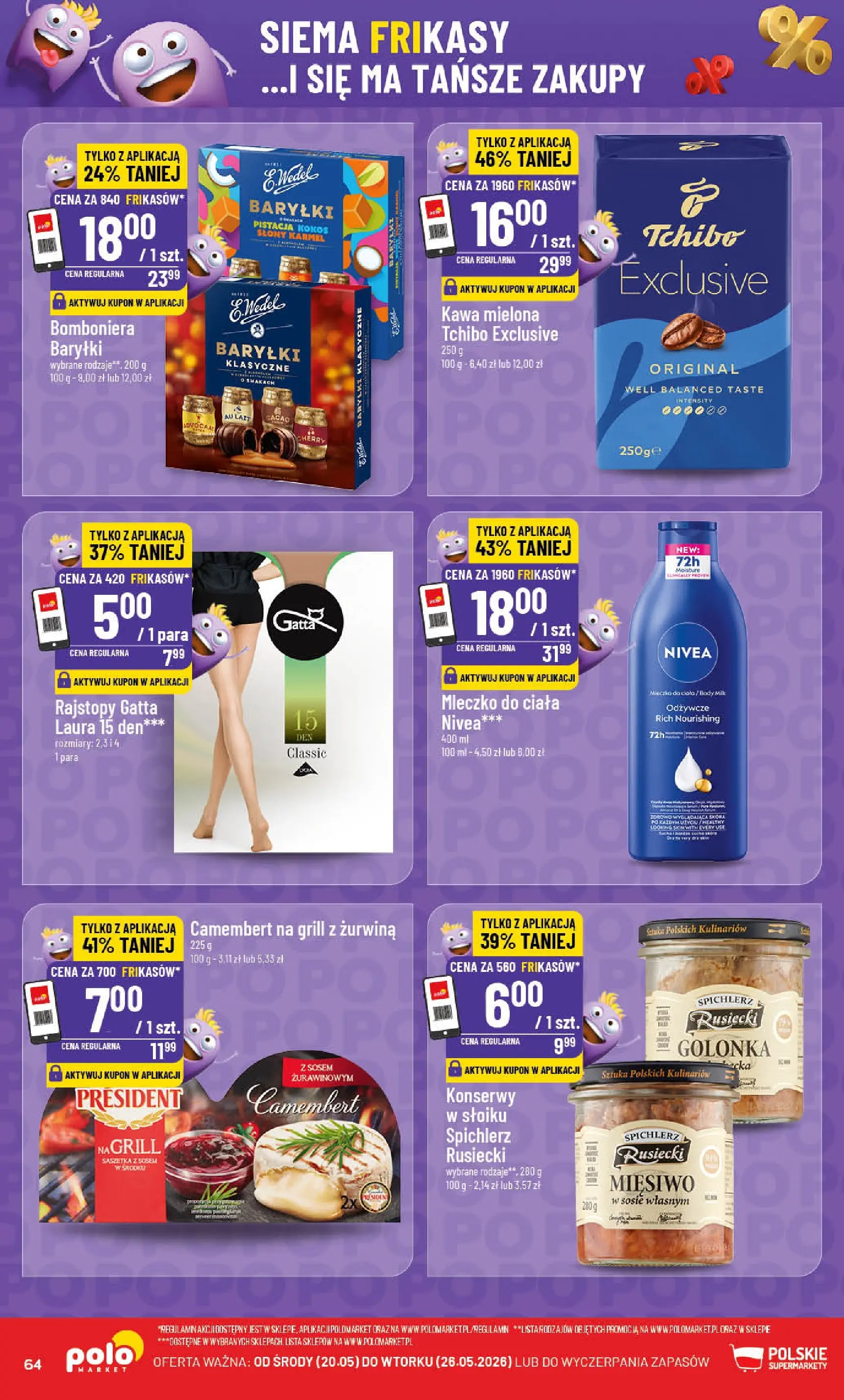 Nowa POLOmarket gazetka od jutra 20.05.2026 | Strona: 64 | Produkty: Rajstopy, Gatta, Camembert, Kawa