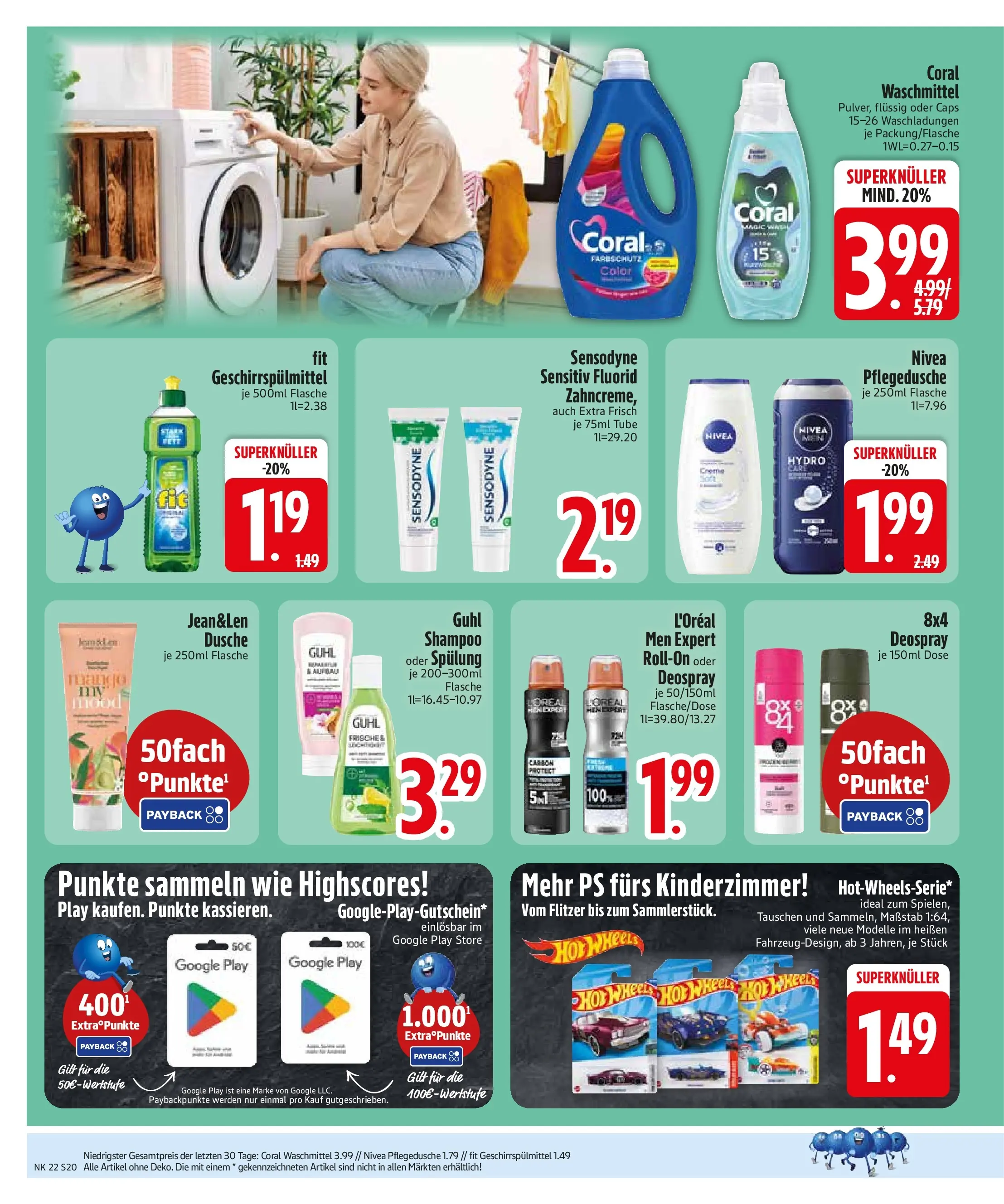 Edeka prospekt Vilgertshofen-Issing (ab 26.05.2026) » Angebote Online | Seite: 22 | Produkte: Coral waschmittel, Geschirrspülmittel, Shower Gel, Deospray