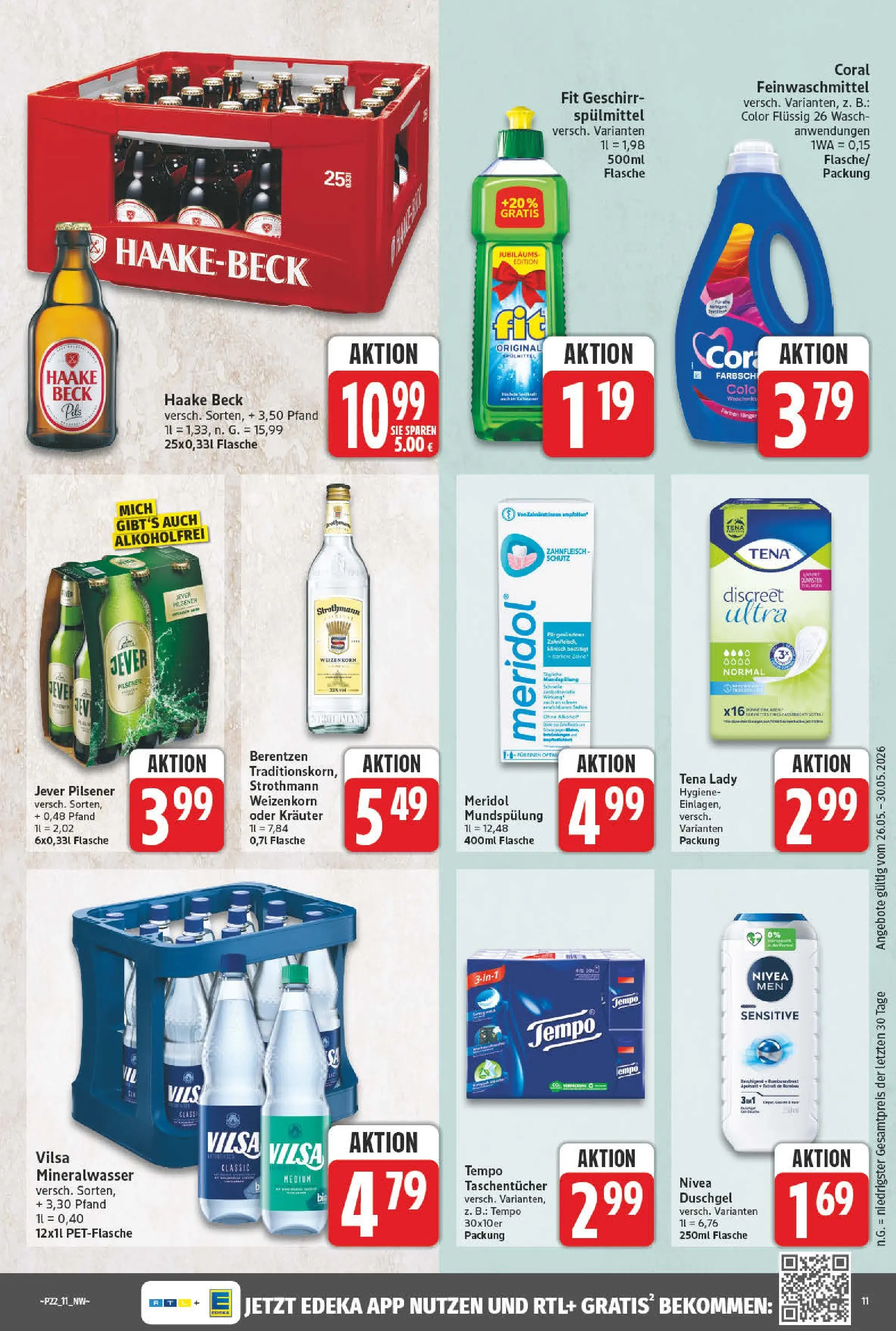 Angebote - Wochenangebote (ab 24.05.2026) zum Blättern | Seite: 11 | Produkte: Pils, Mineralwasser, Duschgel, Tempo
