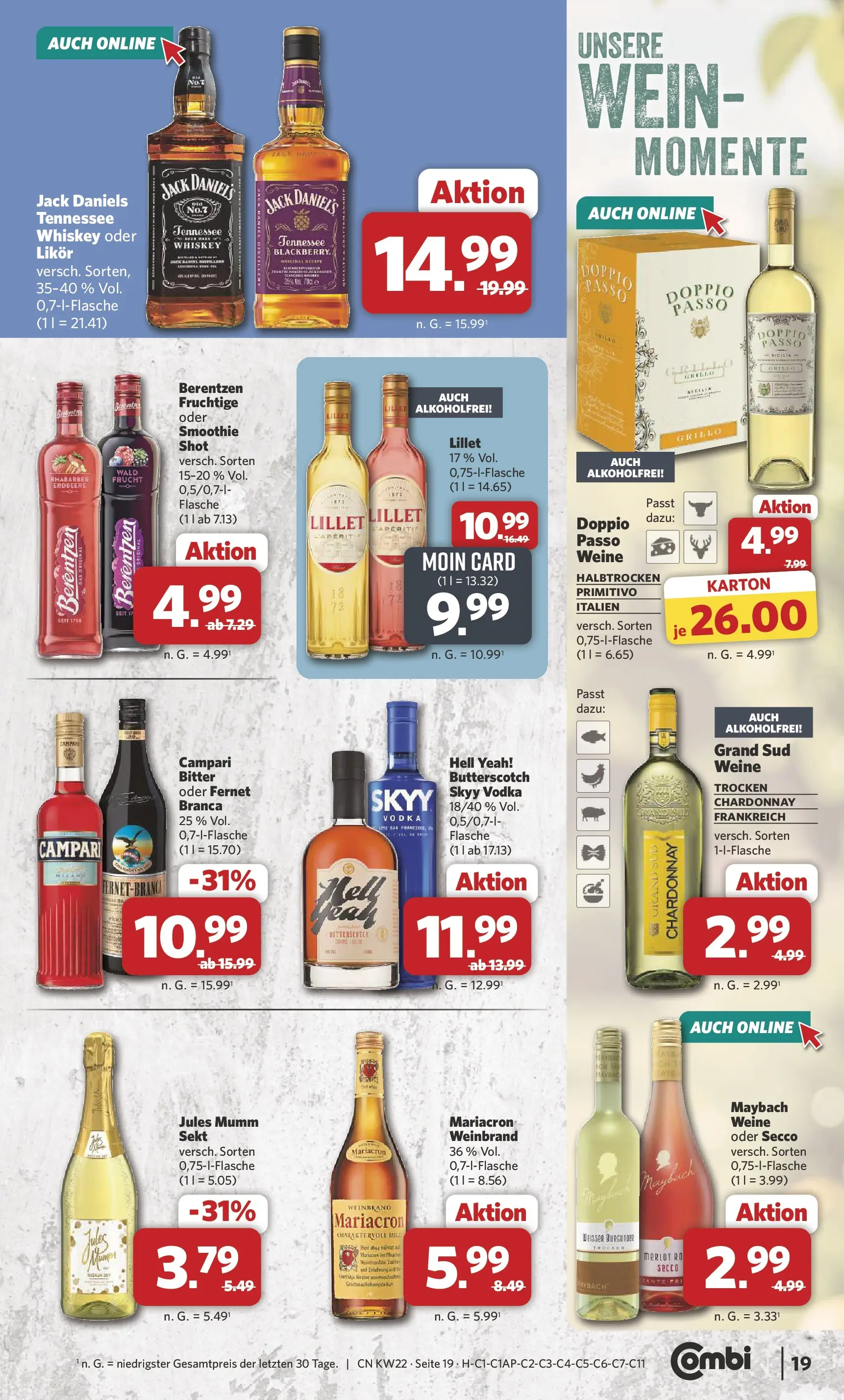 Combi - Unsere Combi Wochenangebote (ab 25.05.2026) zum Blättern | Seite: 19 | Produkte: Likör, Jack Daniel's, Wein, Vodka