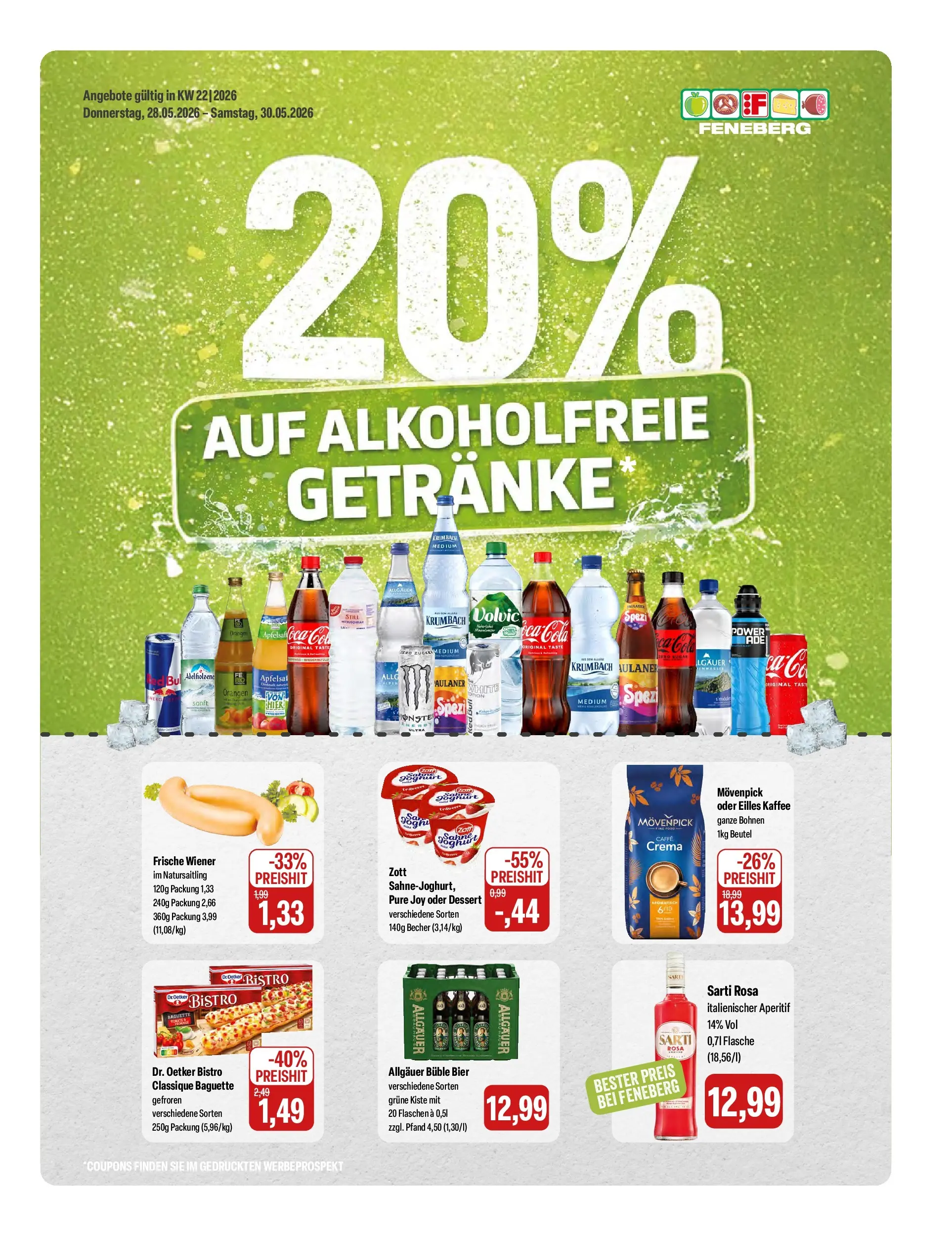 Feneberg Aktuelle Angebote (ab 28.05.2026) zum Blättern | Seite: 1 | Produkte: Joghurt, Bier, Eilles kaffee, Volvic