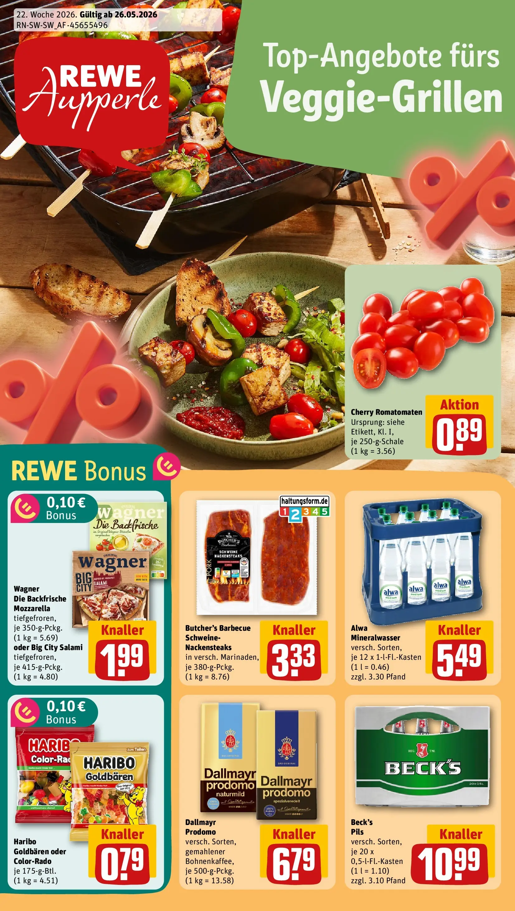 REWE Prospekt ab 26.05.2026 zum Blättern » Angebote | Seite: 1 | Produkte: Nackensteaks, Mozzarella, Pils, Dallmayr prodomo