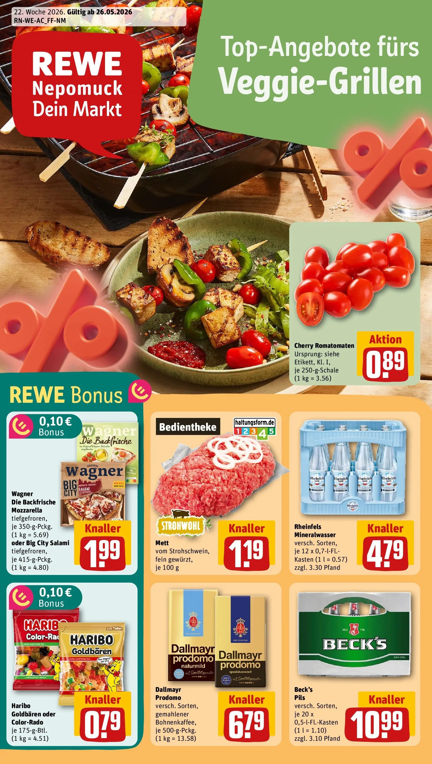 REWE Prospekt ab 26.05.2026 zum Blättern » Angebote | Seite: 1 | Produkte: Haribo, Mozzarella, Dallmayr, Salami