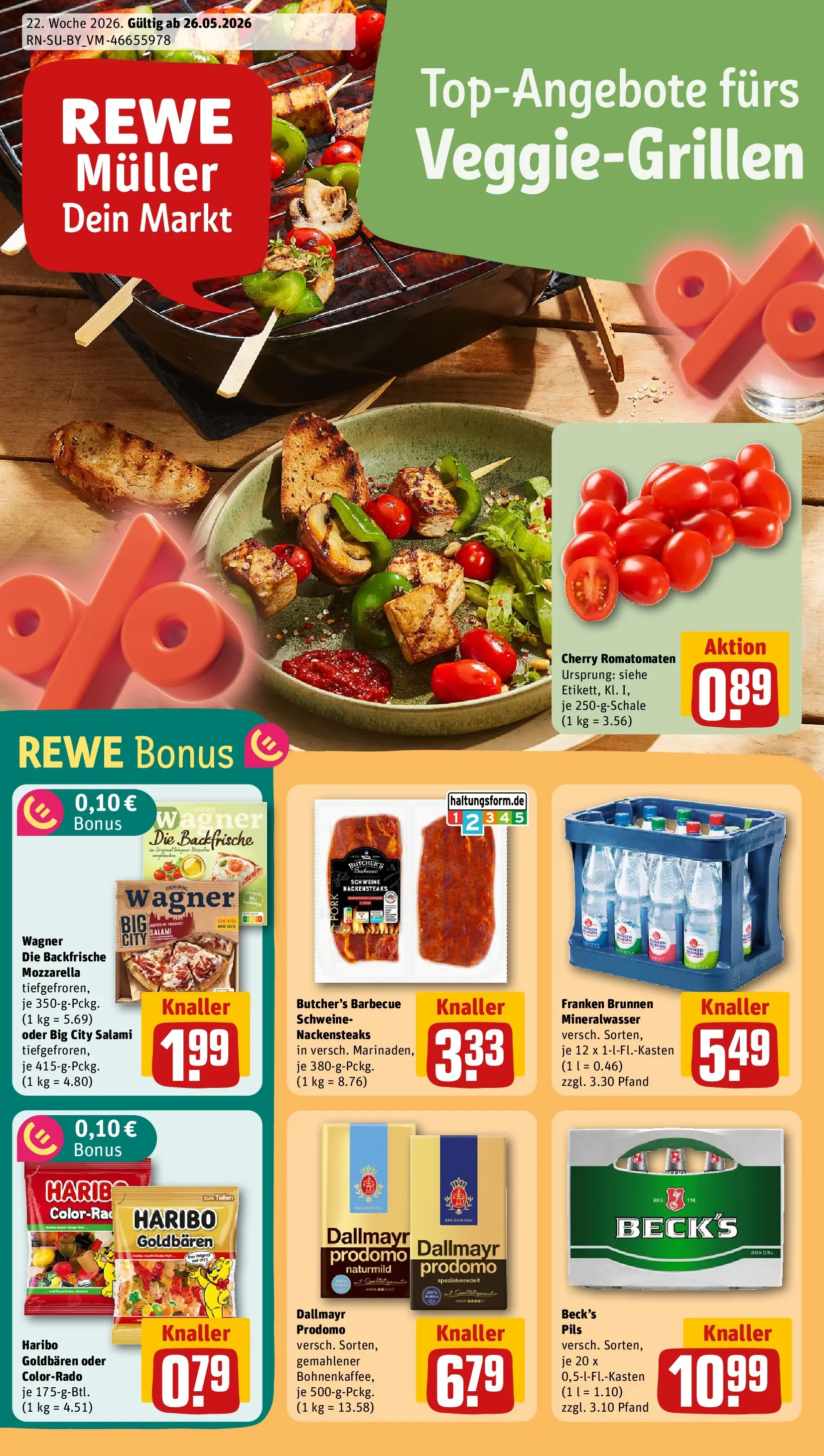 REWE Prospekt ab 26.05.2026 zum Blättern » Angebote | Seite: 1 | Produkte: Nackensteaks, Mozzarella, Mineralwasser, Dallmayr prodomo