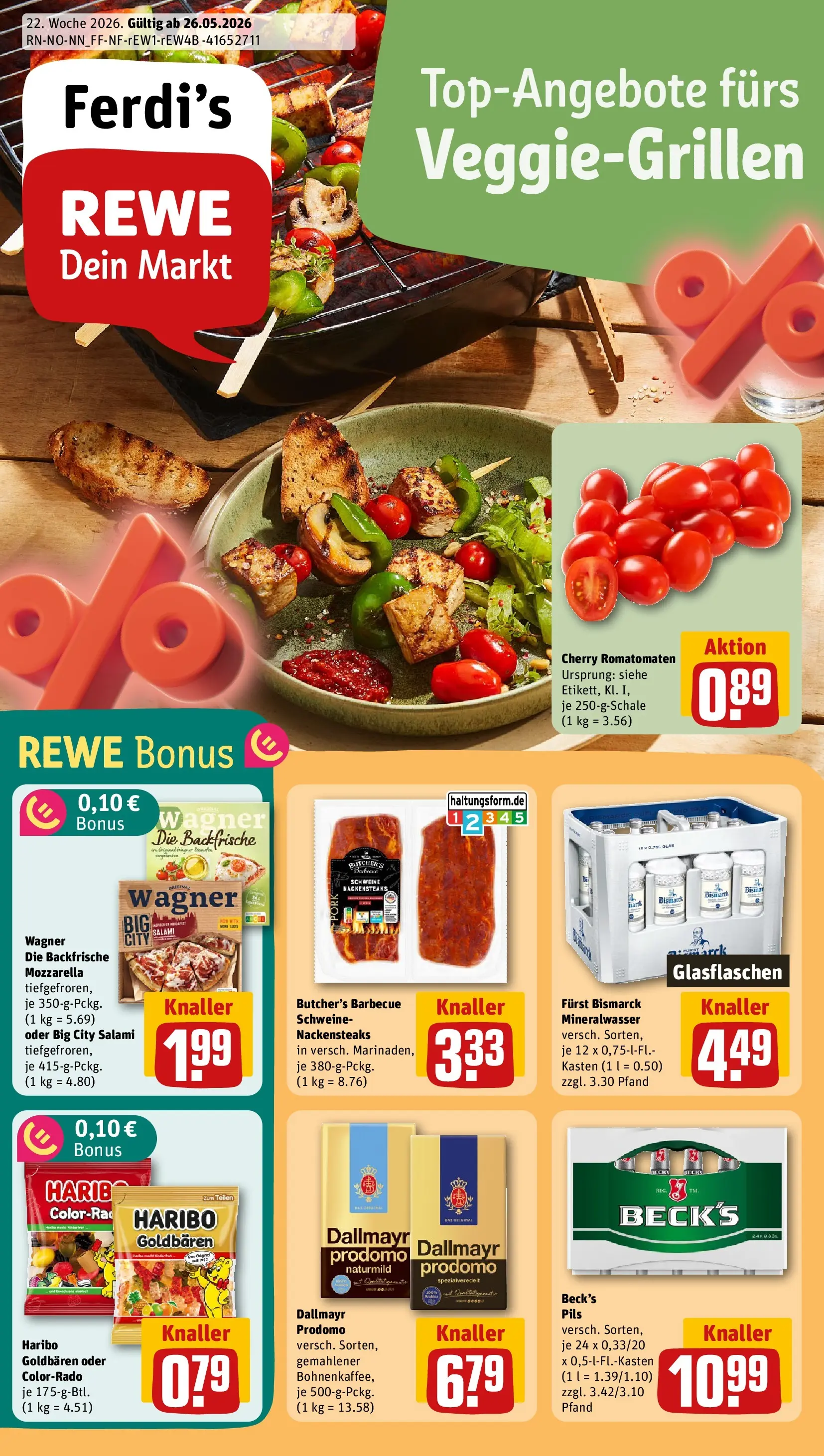 REWE Prospekt ab 26.05.2026 zum Blättern » Angebote | Seite: 1 | Produkte: Nackensteaks, Mozzarella, Mineralwasser, Dallmayr