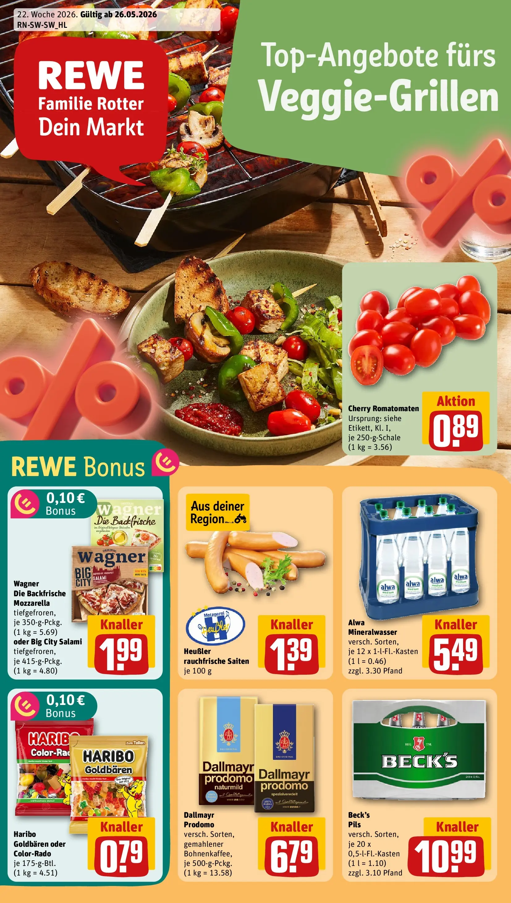 REWE Prospekt ab 26.05.2026 zum Blättern » Angebote | Seite: 1 | Produkte: Mozzarella, Pils, Mineralwasser, Pizza