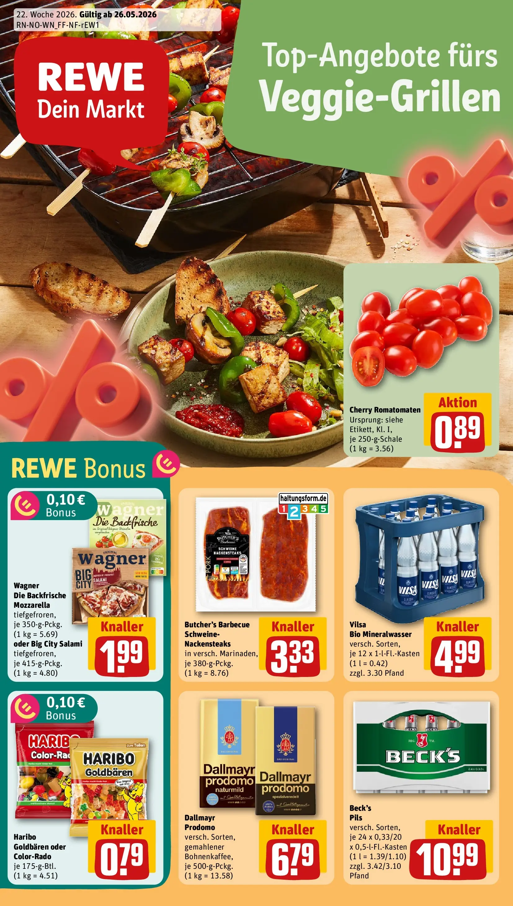 REWE Prospekt ab 26.05.2026 zum Blättern » Angebote | Seite: 1 | Produkte: Nackensteaks, Haribo, Mozzarella, Pizza