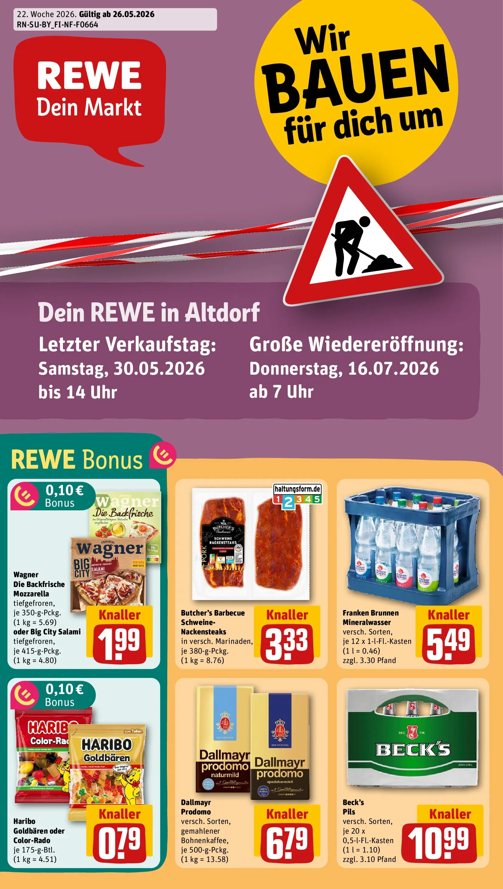 REWE Prospekt ab 26.05.2026 zum Blättern » Angebote | Seite: 1 | Produkte: Pils, Dallmayr, Pizza, Uhr