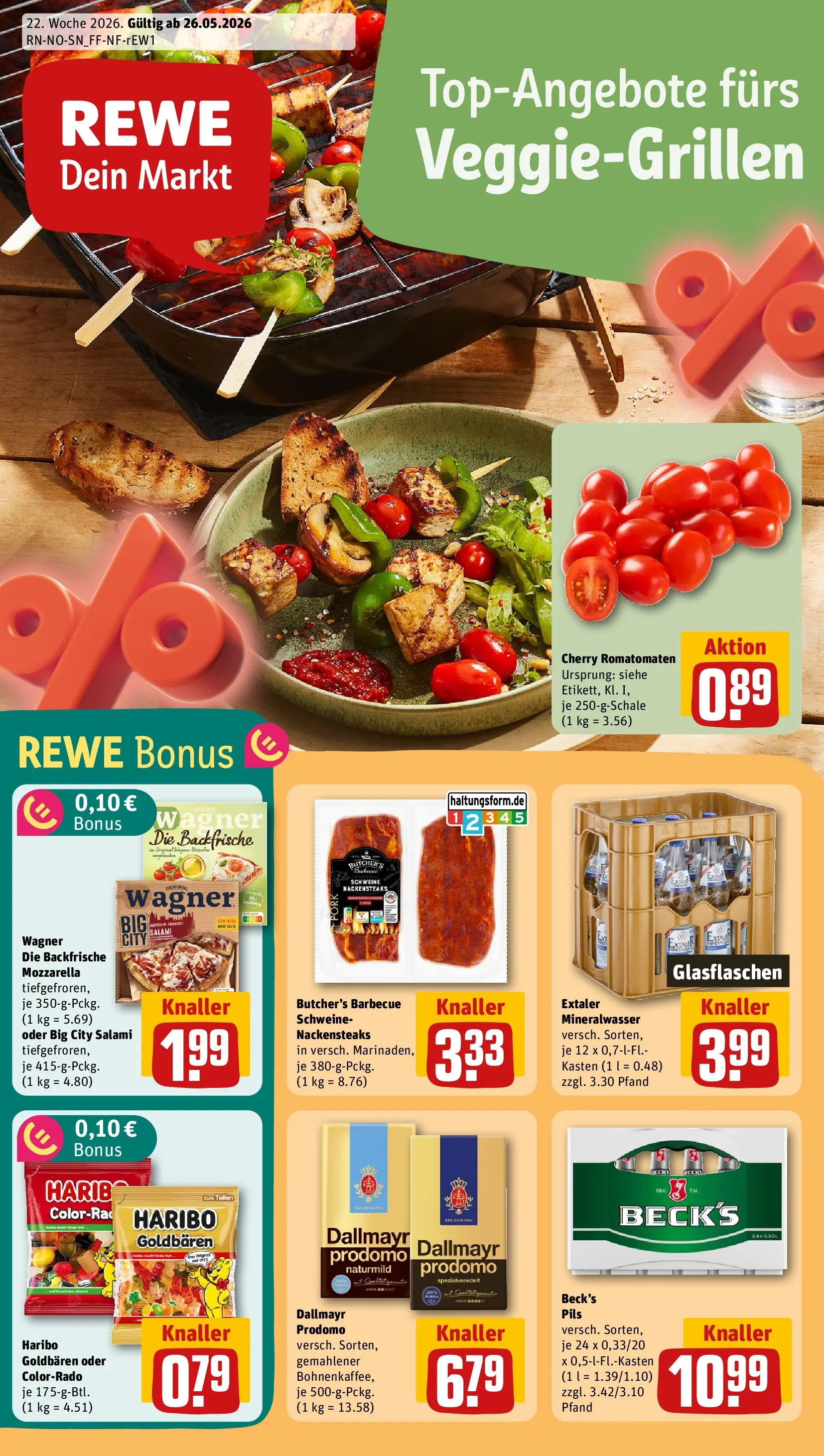 REWE Prospekt ab 26.05.2026 zum Blättern » Angebote | Seite: 1 | Produkte: Nackensteaks, Haribo, Mineralwasser, Pizza