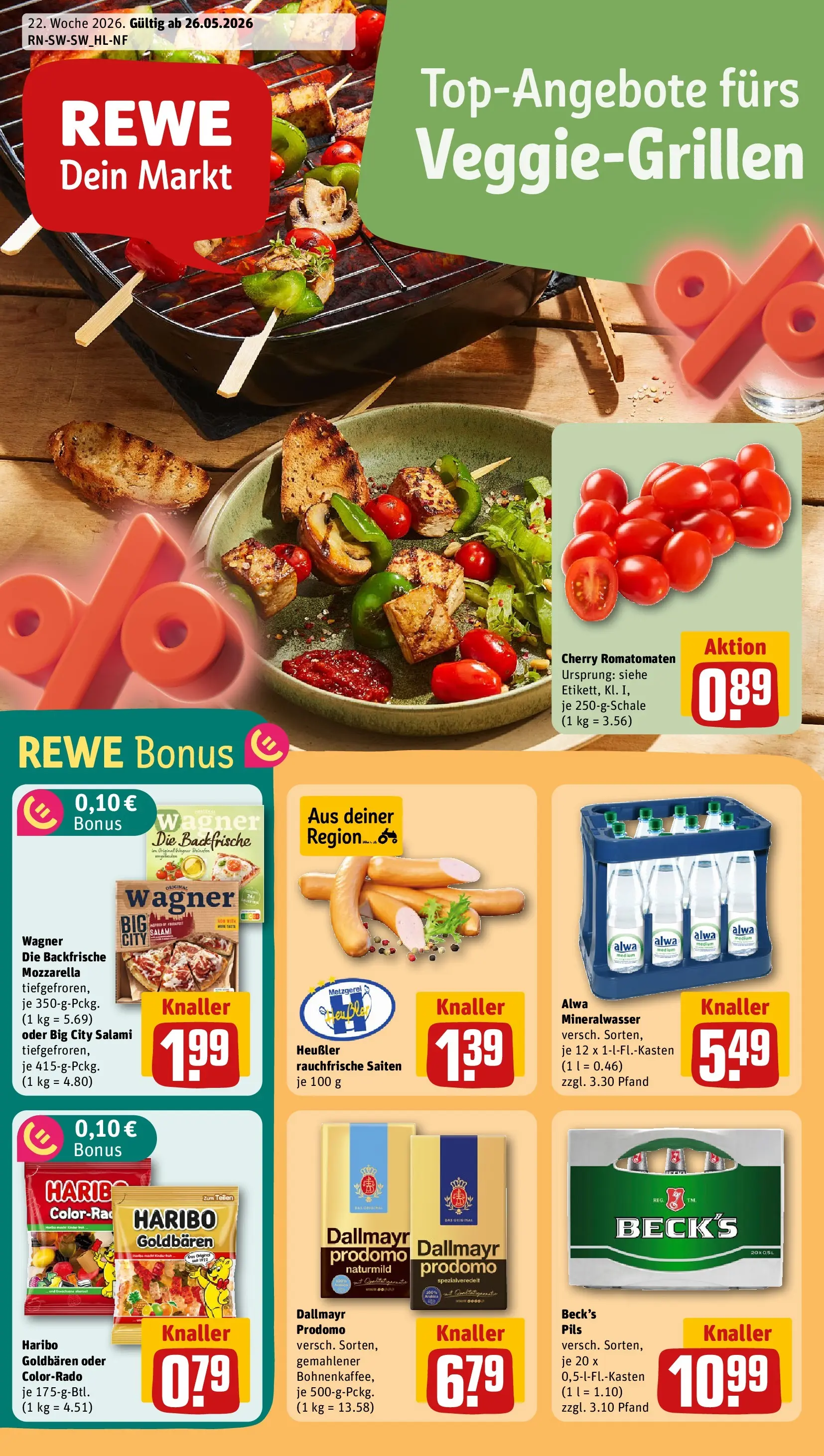 REWE Prospekt ab 26.05.2026 zum Blättern » Angebote | Seite: 1 | Produkte: Mozzarella, Pils, Salami, Dallmayr prodomo