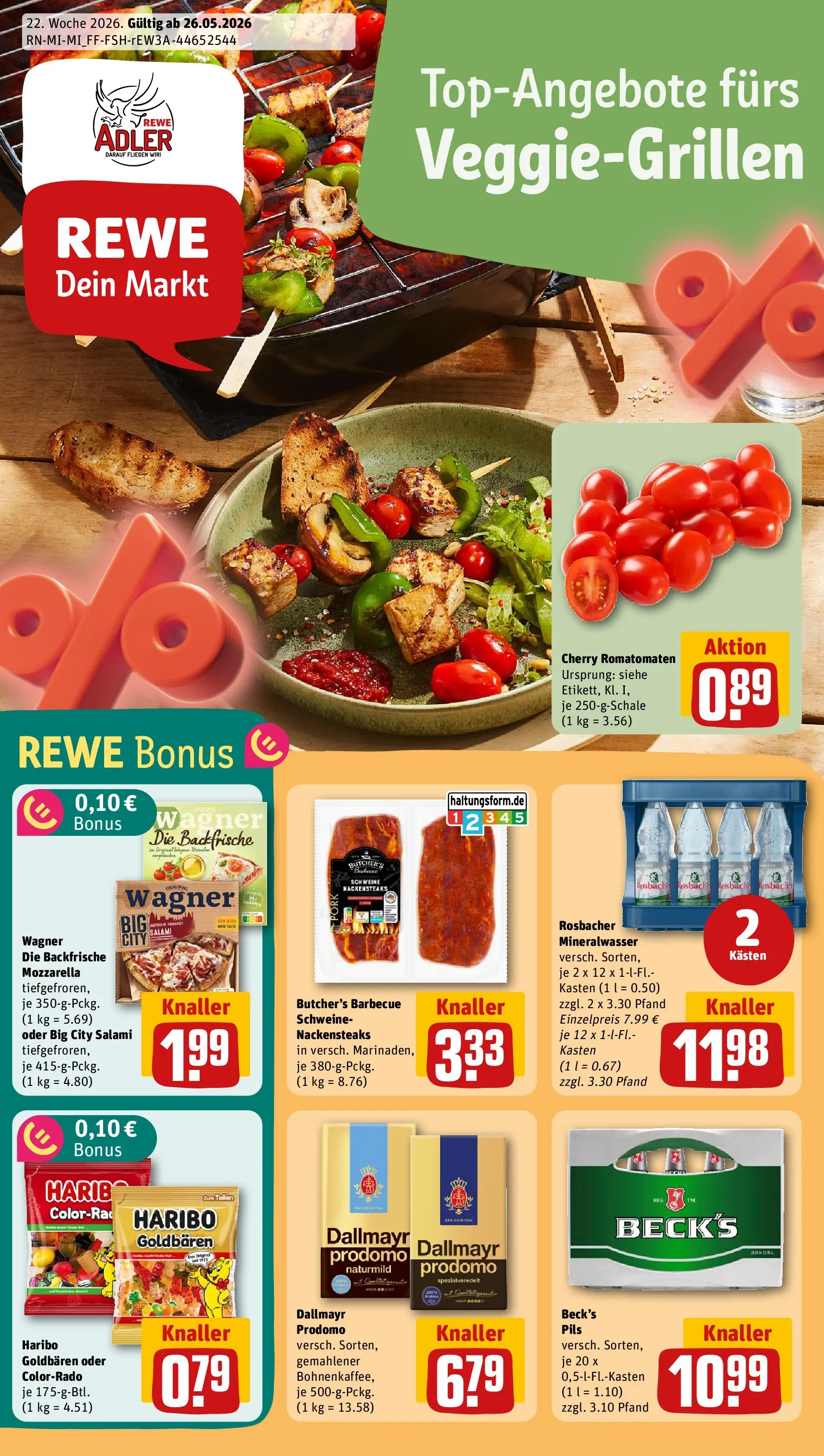 REWE Prospekt ab 26.05.2026 zum Blättern » Angebote | Seite: 1 | Produkte: Nackensteaks, Pils, Mineralwasser, Salami